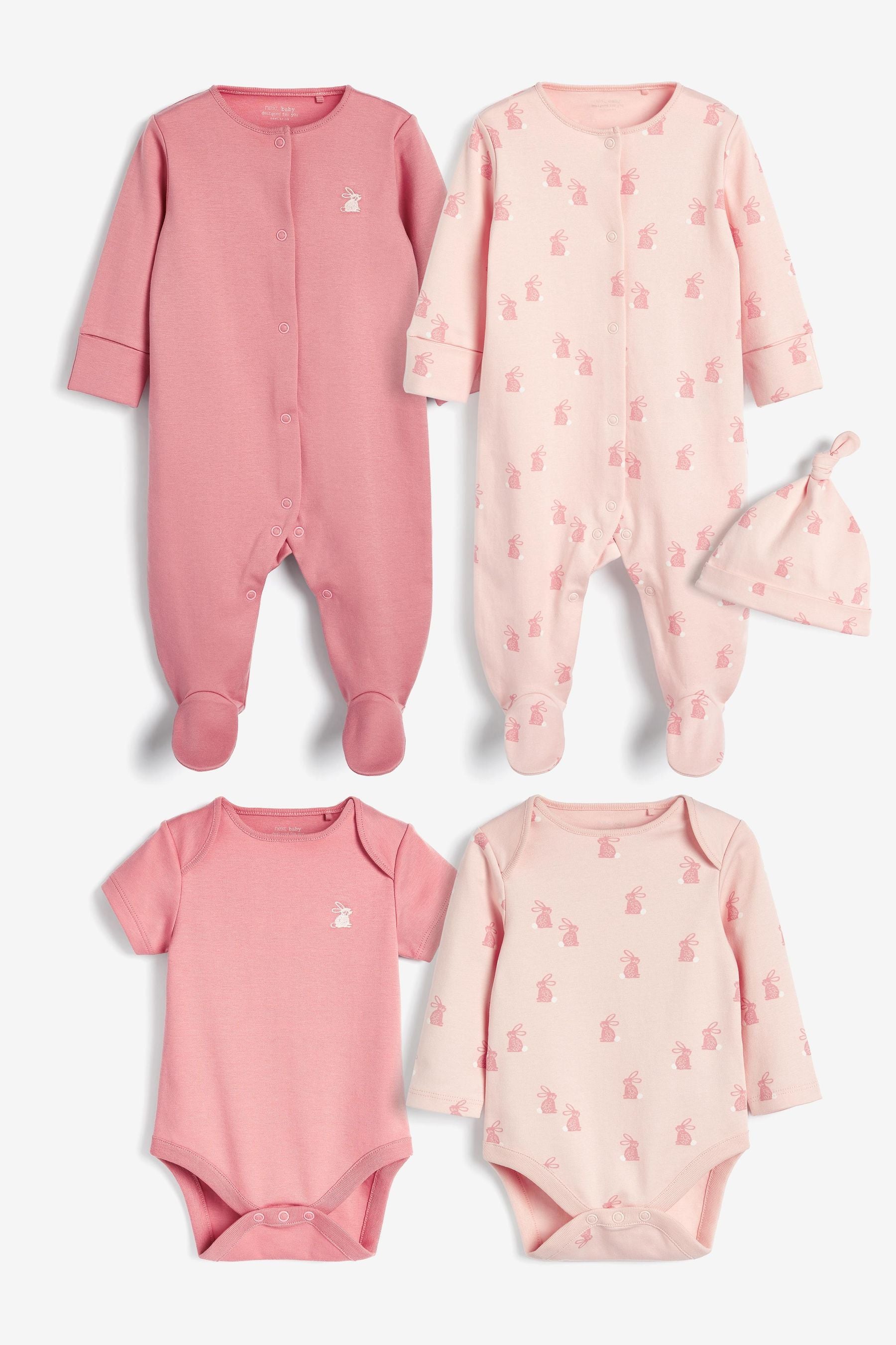 Pink Bunny 5 Piece Baby Sleepsuits, Bodysuits & Hat Set (0-9mths)