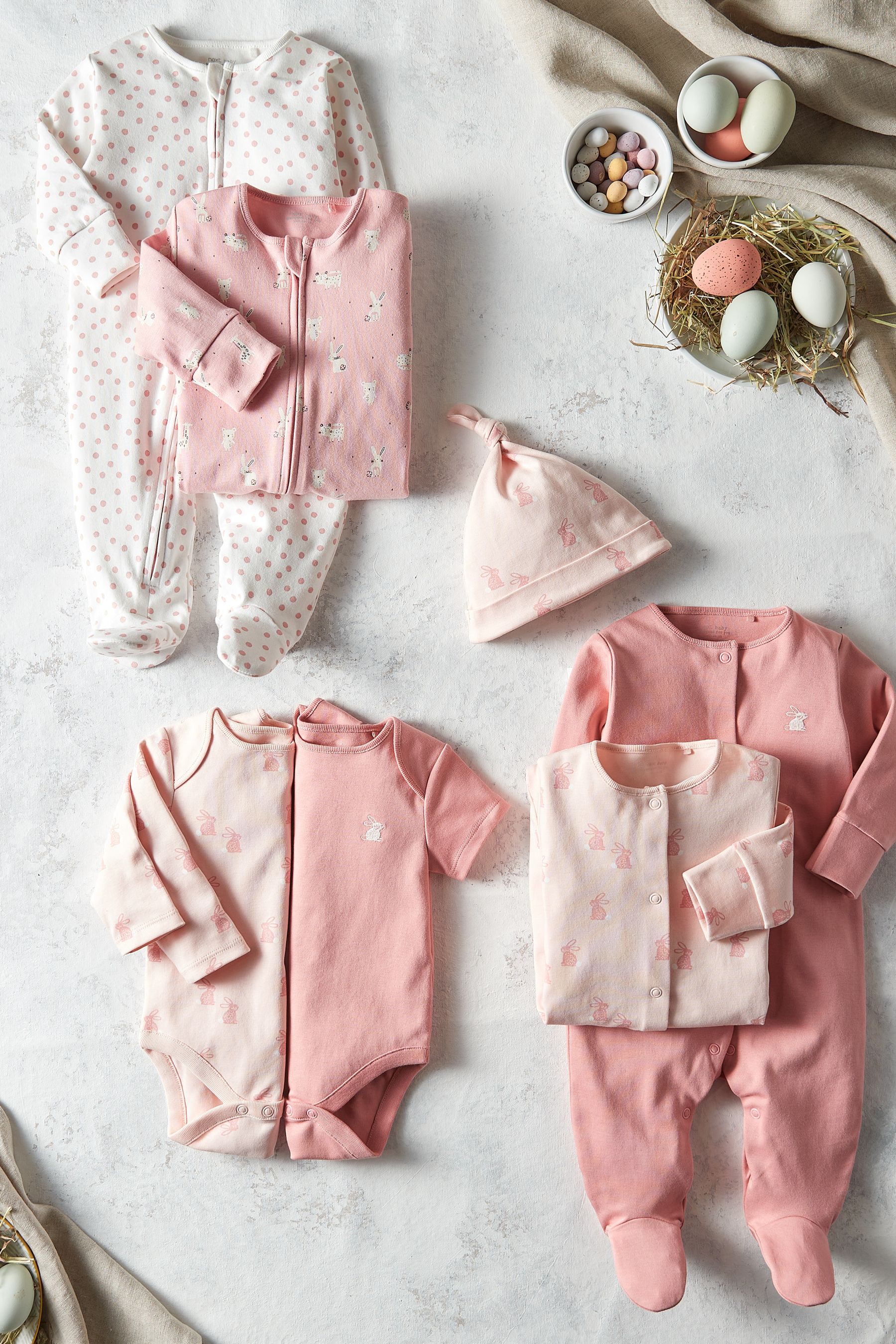 Pink Bunny 5 Piece Baby Sleepsuits, Bodysuits & Hat Set (0-9mths)