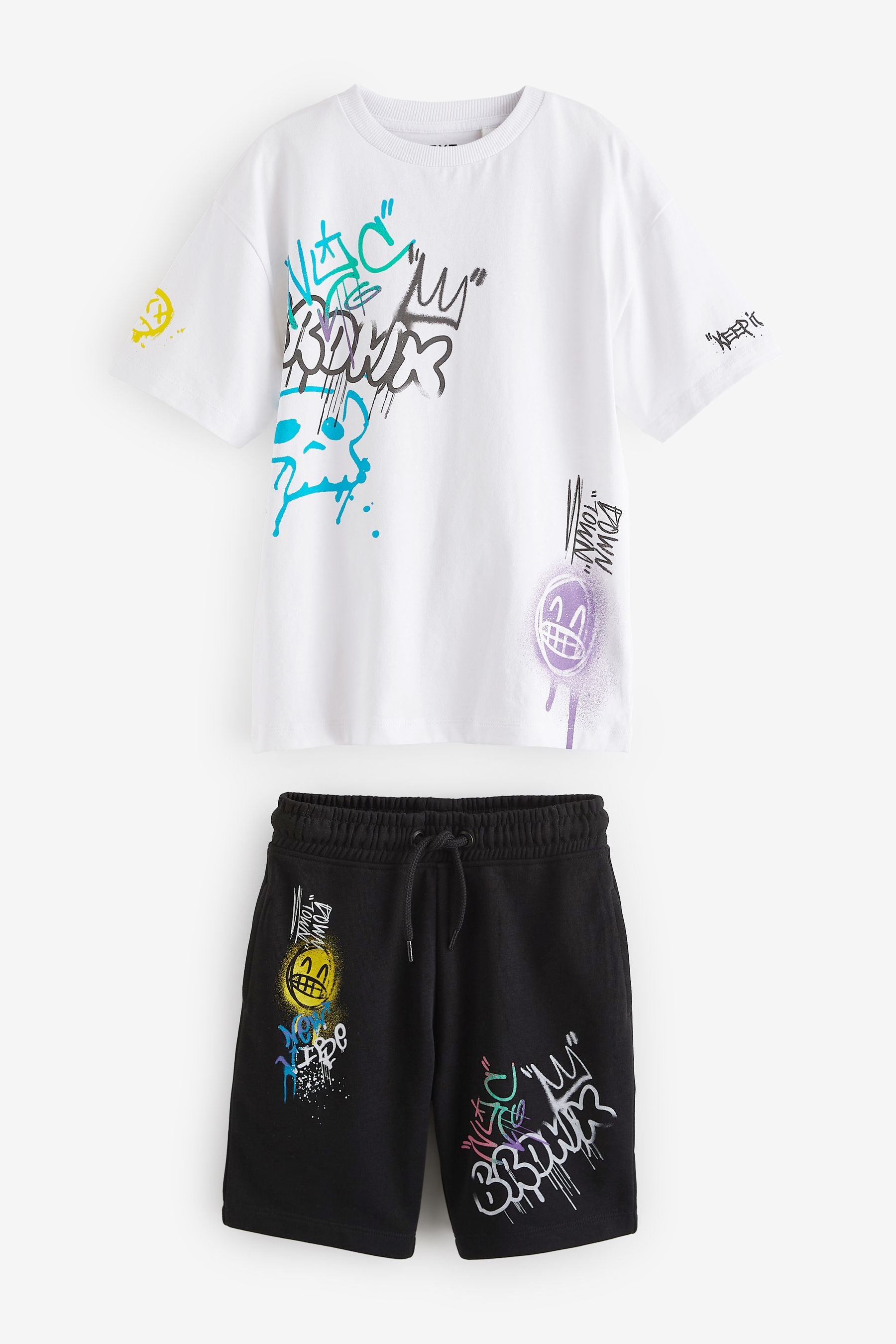 White/Black Graffiti Graphic Top and Shorts Set (3-16yrs)