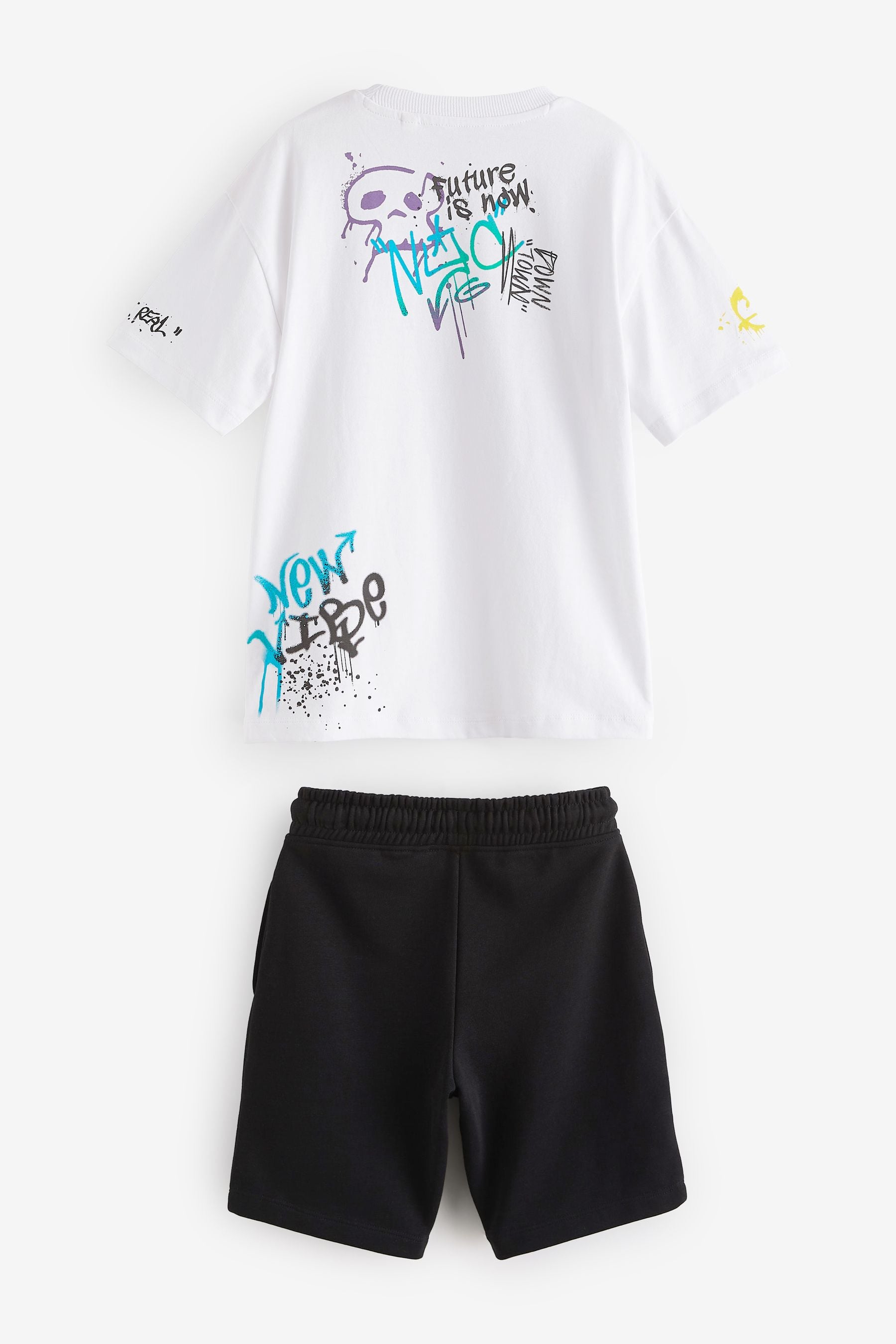 White/Black Graffiti Graphic Top and Shorts Set (3-16yrs)