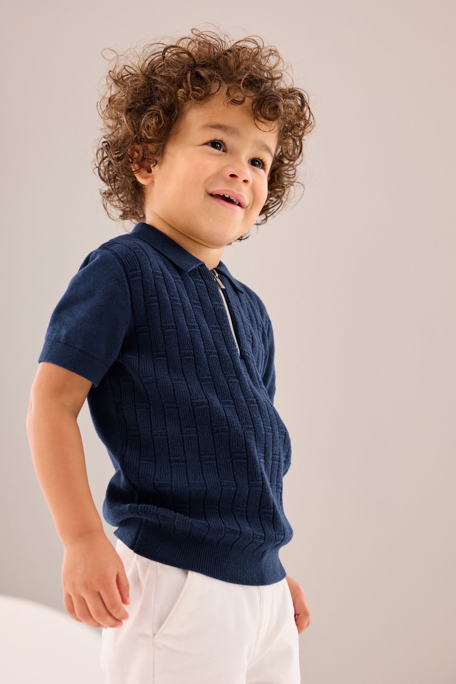 Navy Polo Short Sleeve Zip Neck Sweater (3mths-7yrs)