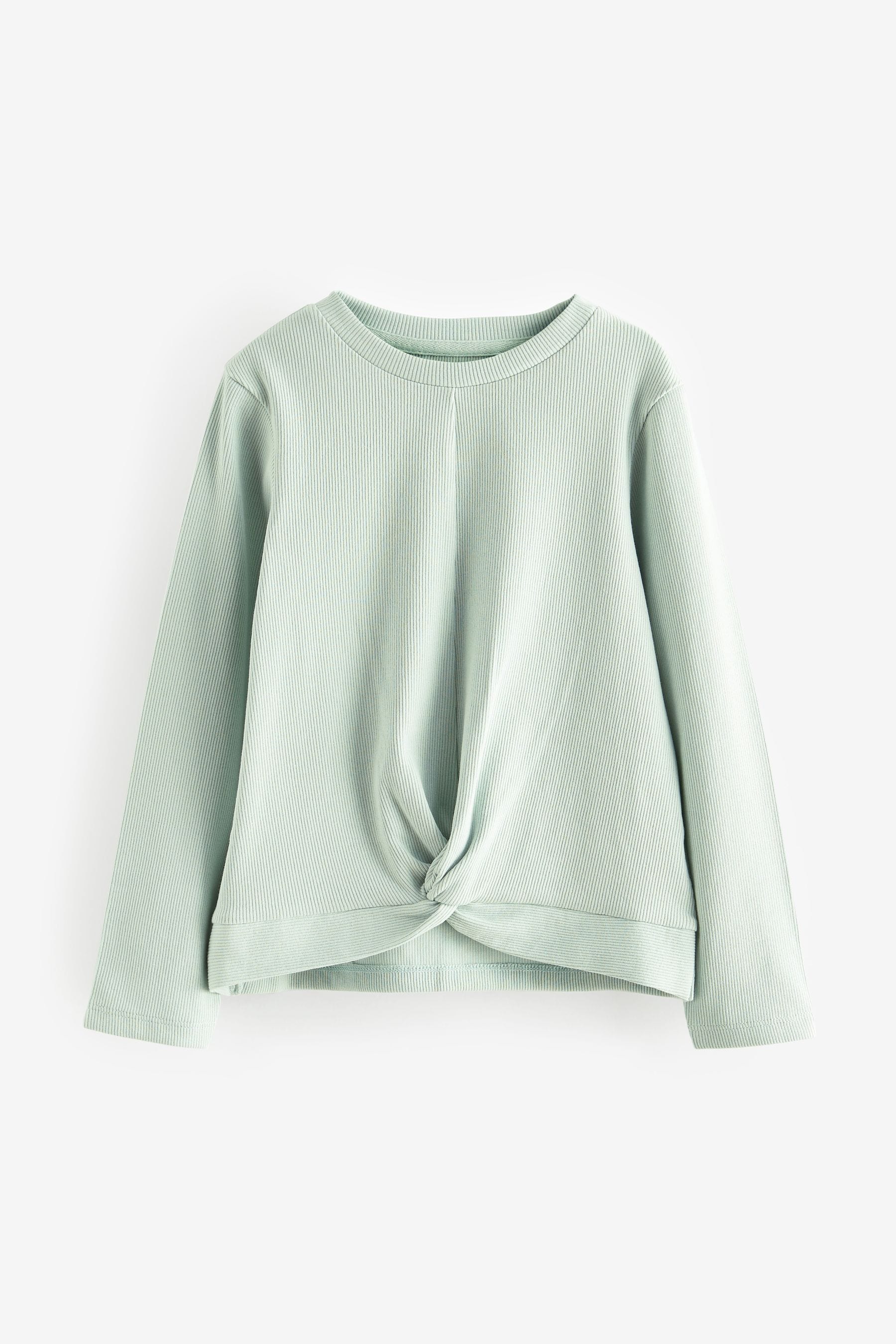 Mint Green Rib Knot Front Long Sleeve T-Shirt (3-16yrs)