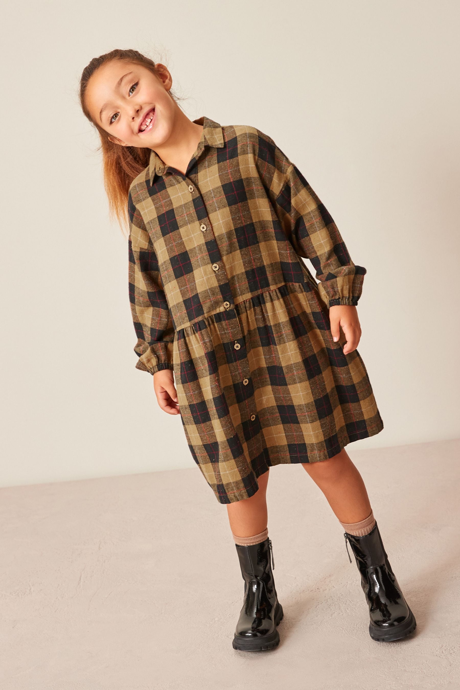 Neutral Check Collar Dress (3-16yrs)