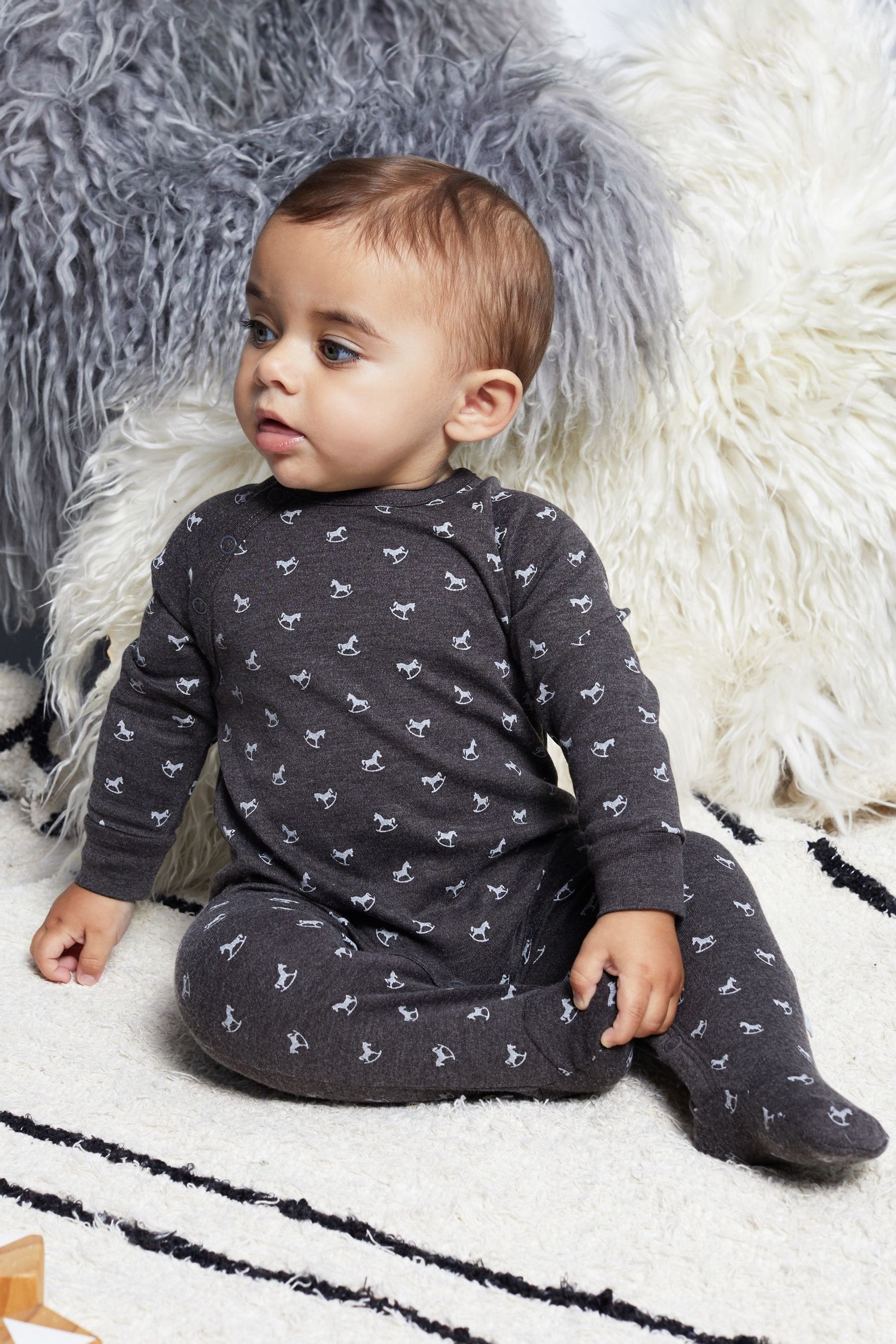 Grey The Little Tailor Blue Jersey Print Rocking Horse Sleepsuit