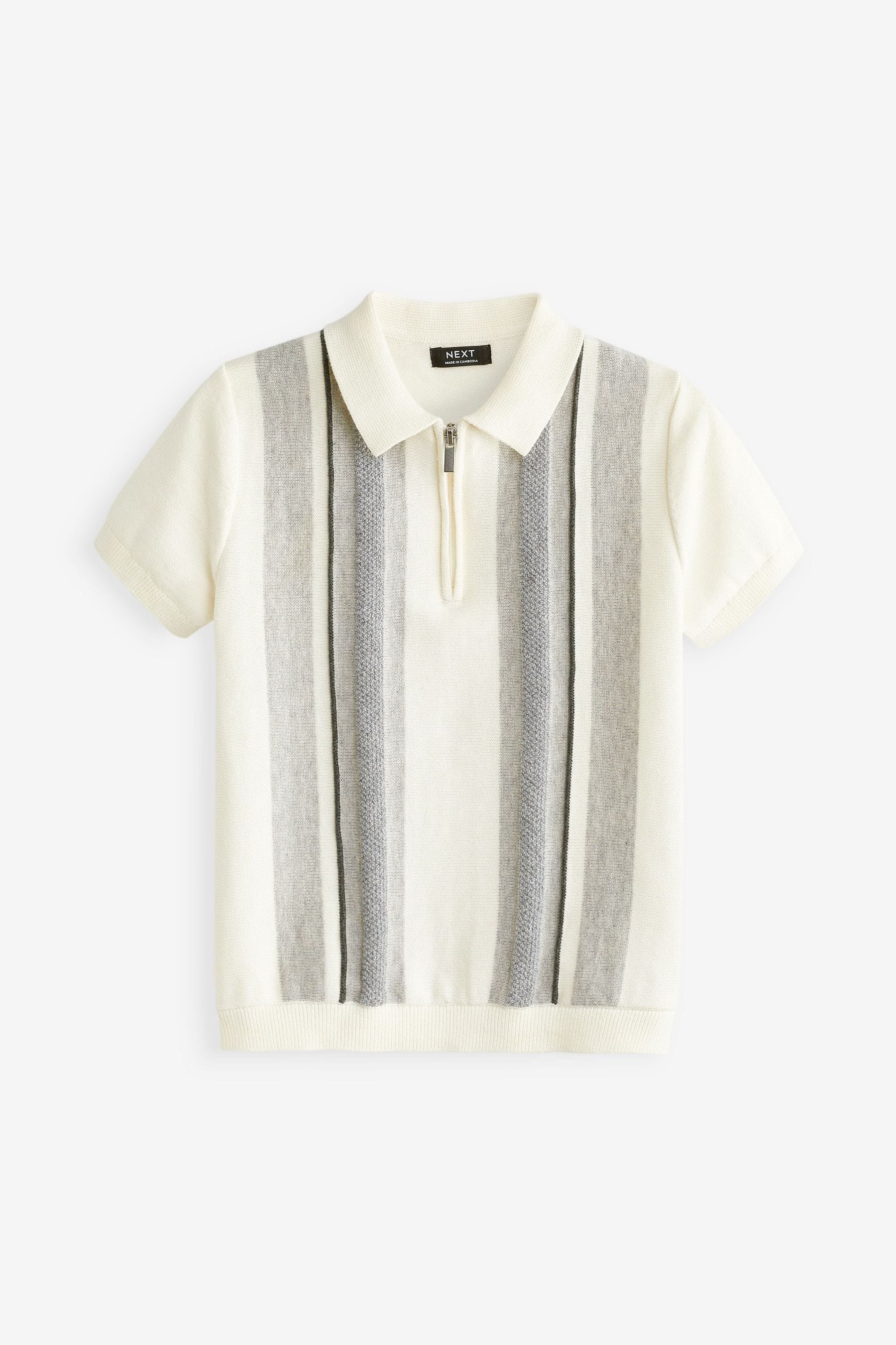 White/Grey Knitted Vertical Patterned Short Sleeve Polo Shirt (3mths-7yrs)