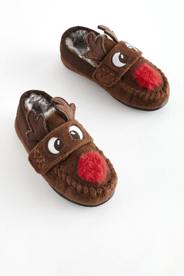 Brown Faux Fur Lined Moccasin Slippers