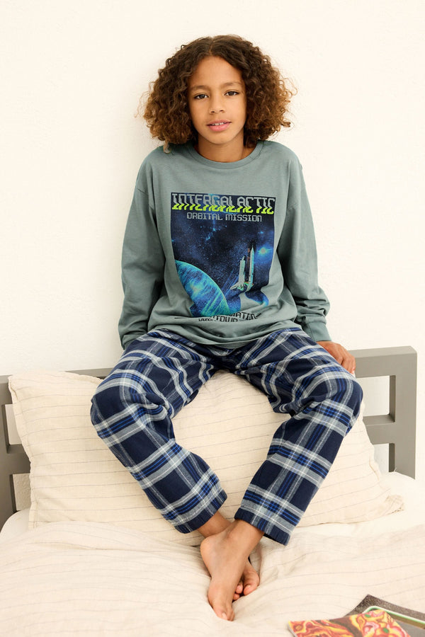 Blue Space Check Bottom Pyjamas (3-16yrs)