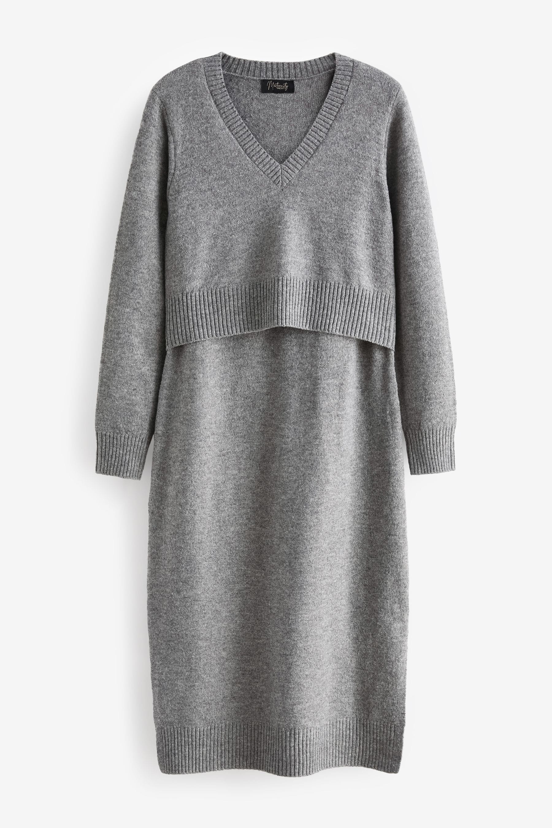 Grey Maternity Nursing V-Neck Knitted Dress