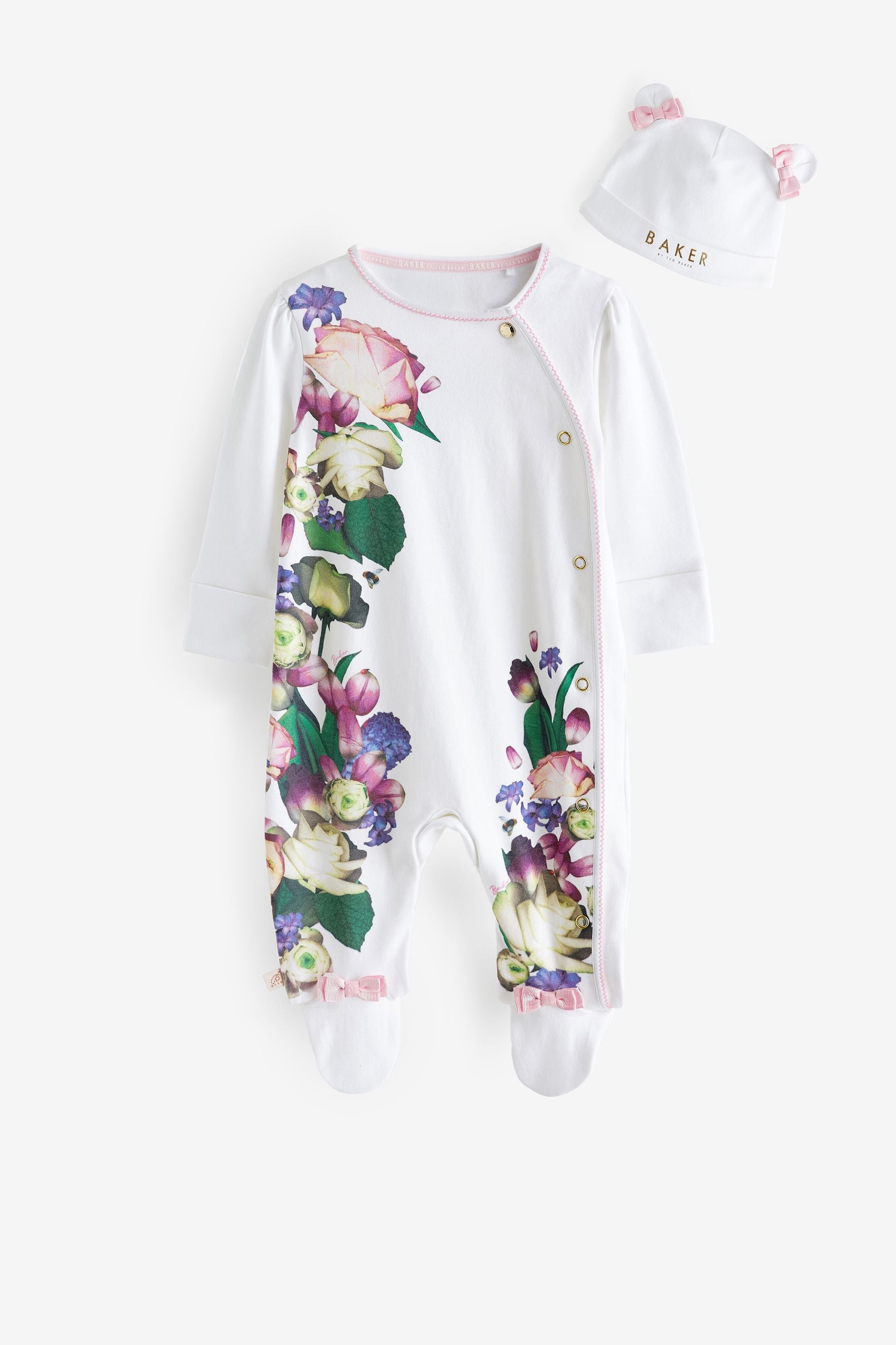 Purple Floral Baker by Ted Baker Mirror Floral White Sleepsuit And Hat Set