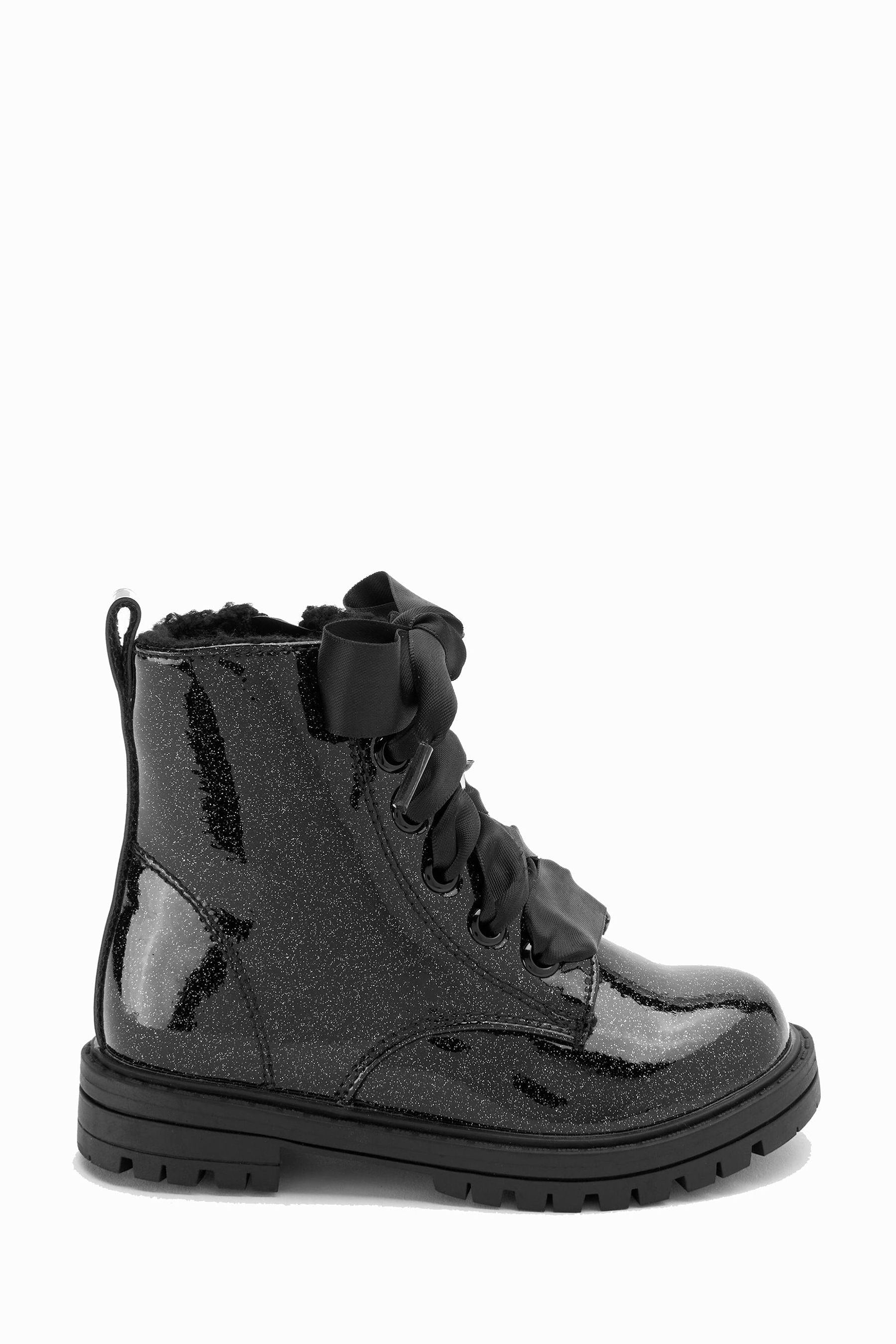 Black Patent Warm Lined Lace-Up Boots