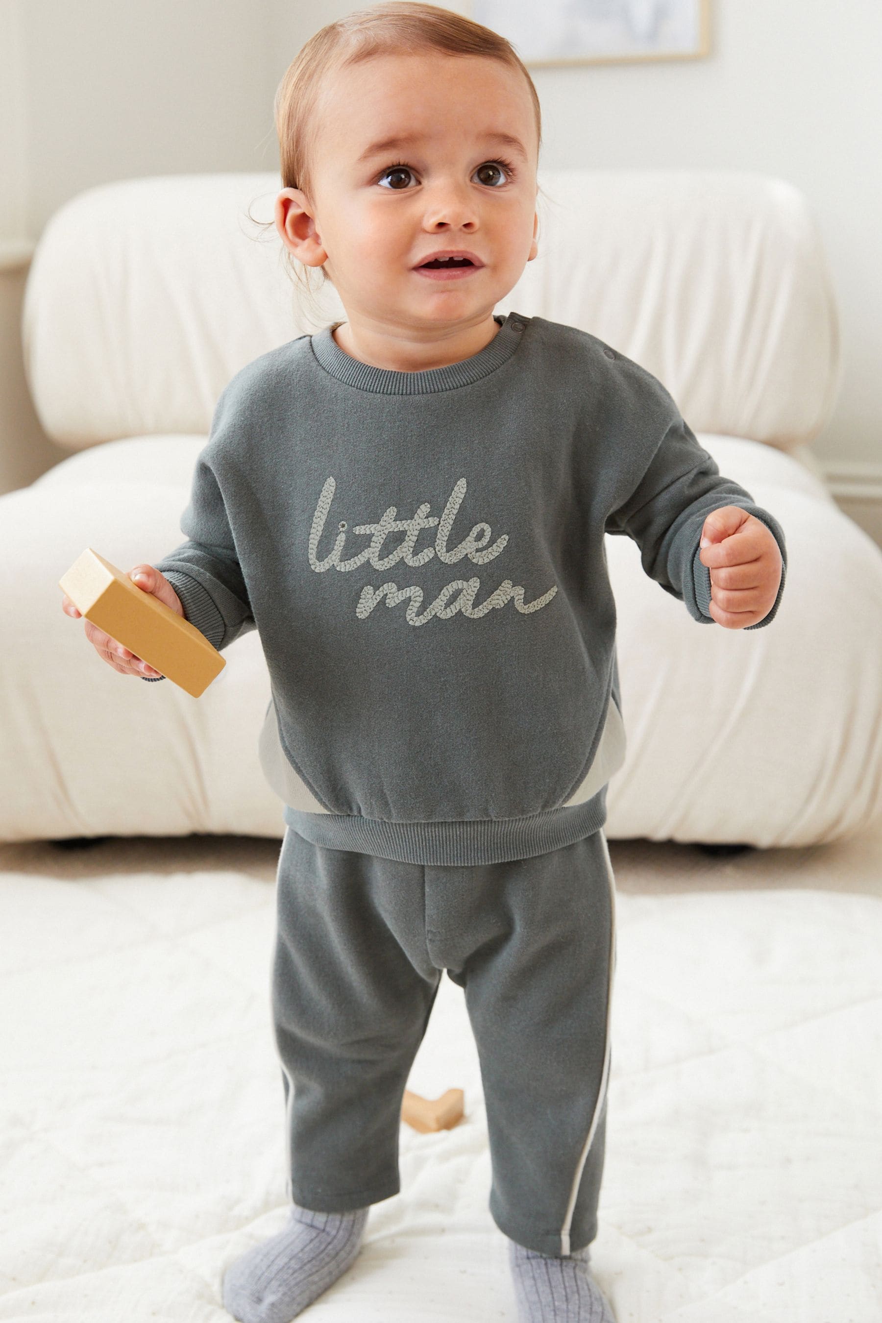 Charcoal Grey Little Man Cosy Baby Sweatshirt And Joggers 2 Piece Set