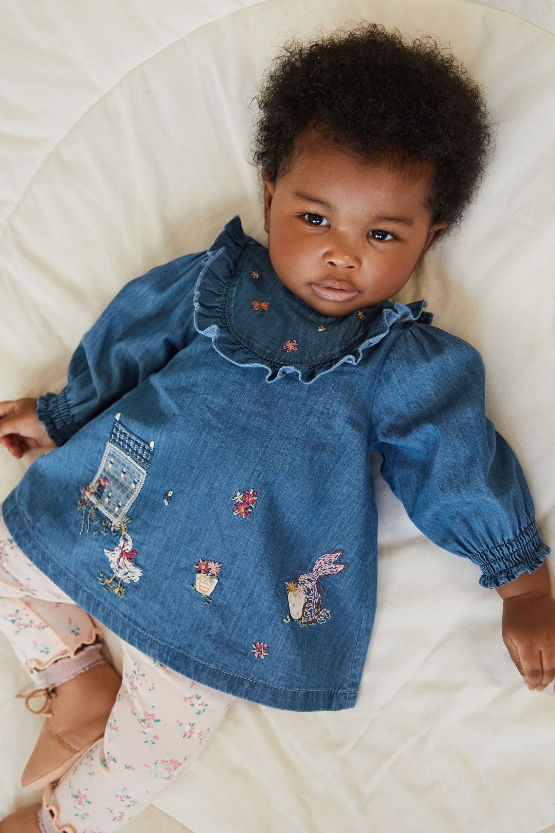 Blue Bunny Embroidery Denim Baby Top And Leggings 2 Piece Set