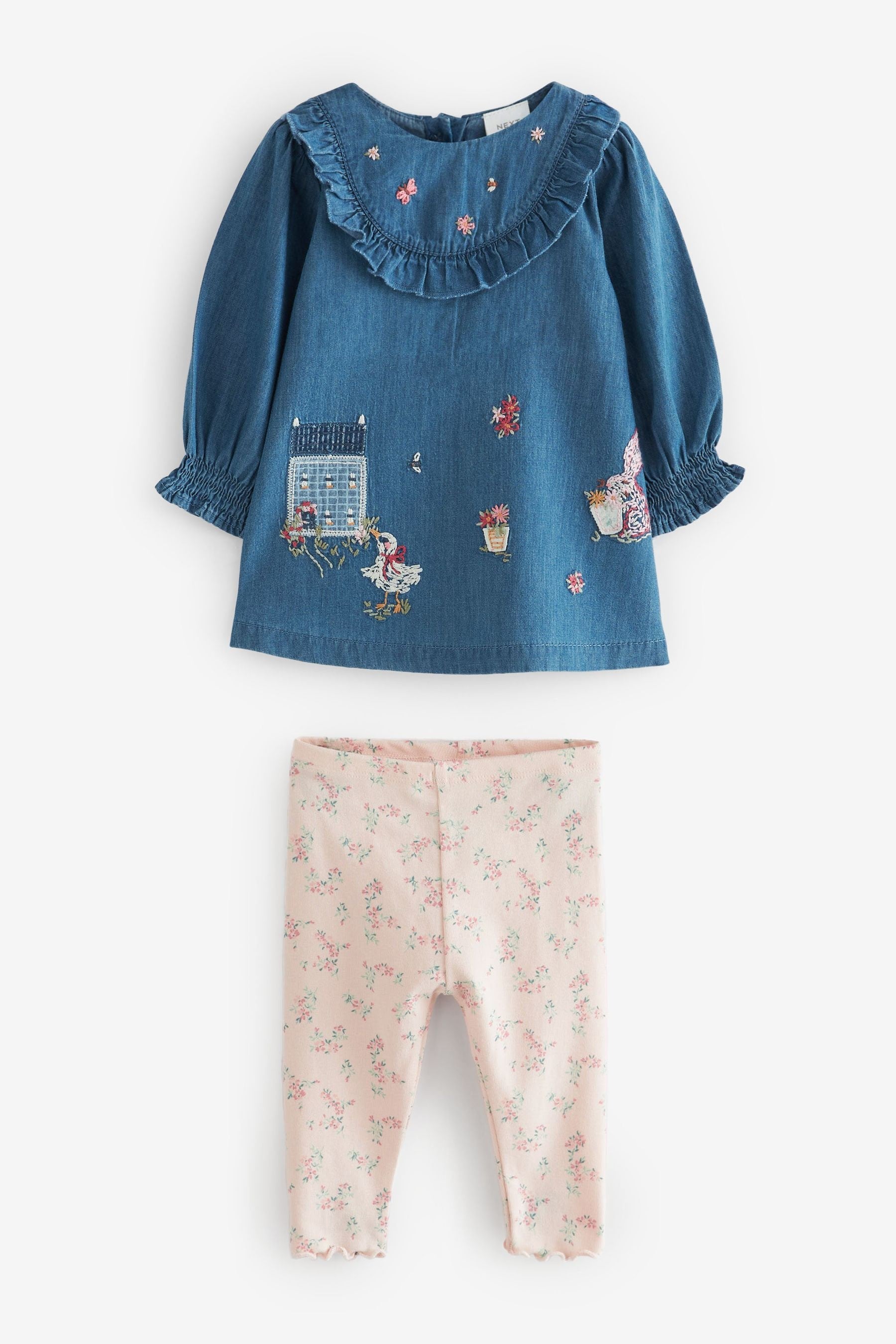 Blue Bunny Embroidery Denim Baby Top And Leggings 2 Piece Set