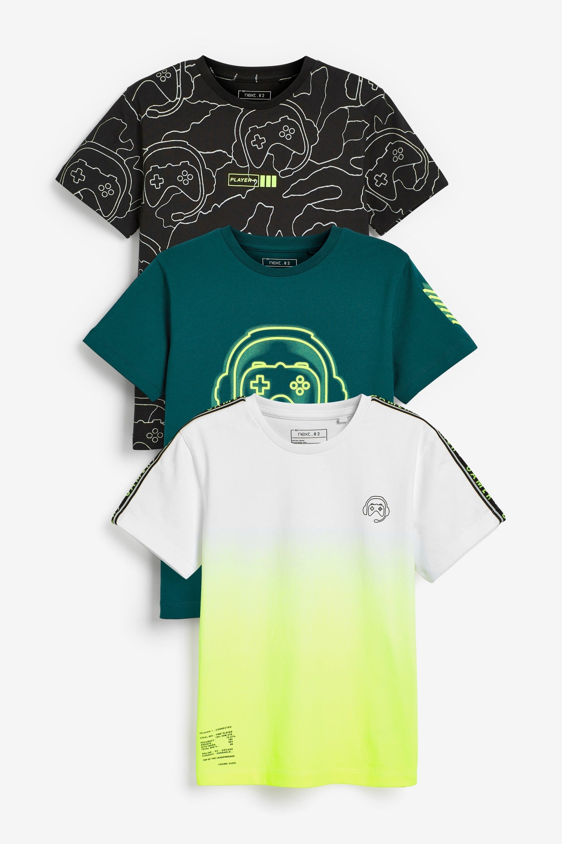 Black/Teal Blue/Lime 3 Pack Short Sleeve Gamer T-Shirts (3-16yrs)