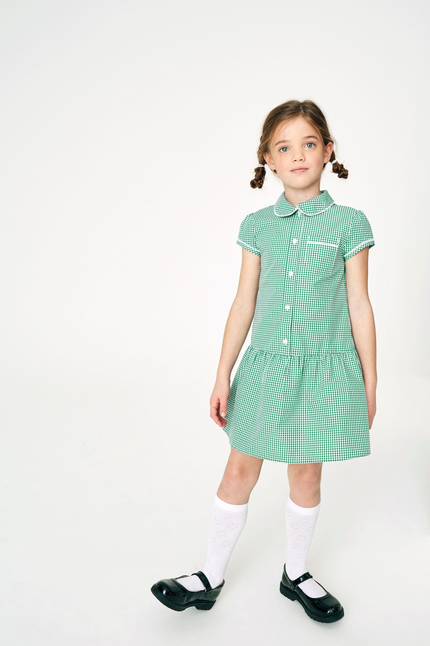 Green Cotton Rich Drop Waist Gingham School Dress (3-14yrs)