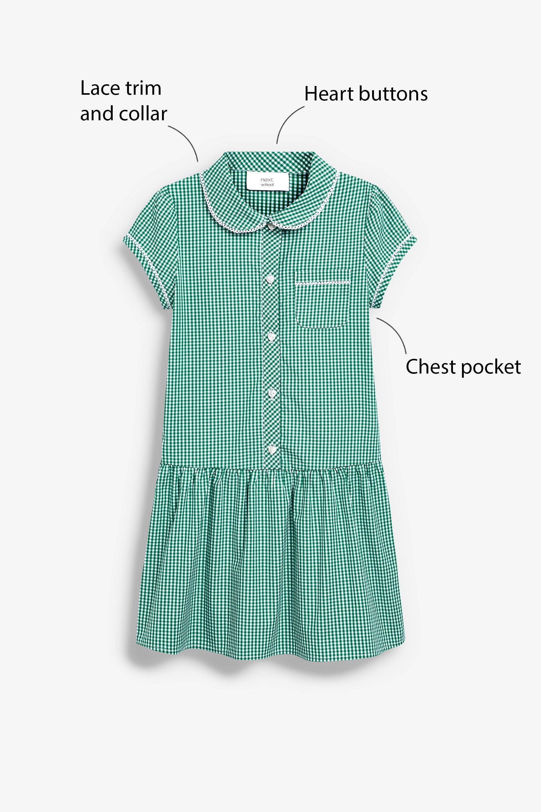 Green Cotton Rich Drop Waist Gingham School Dress (3-14yrs)