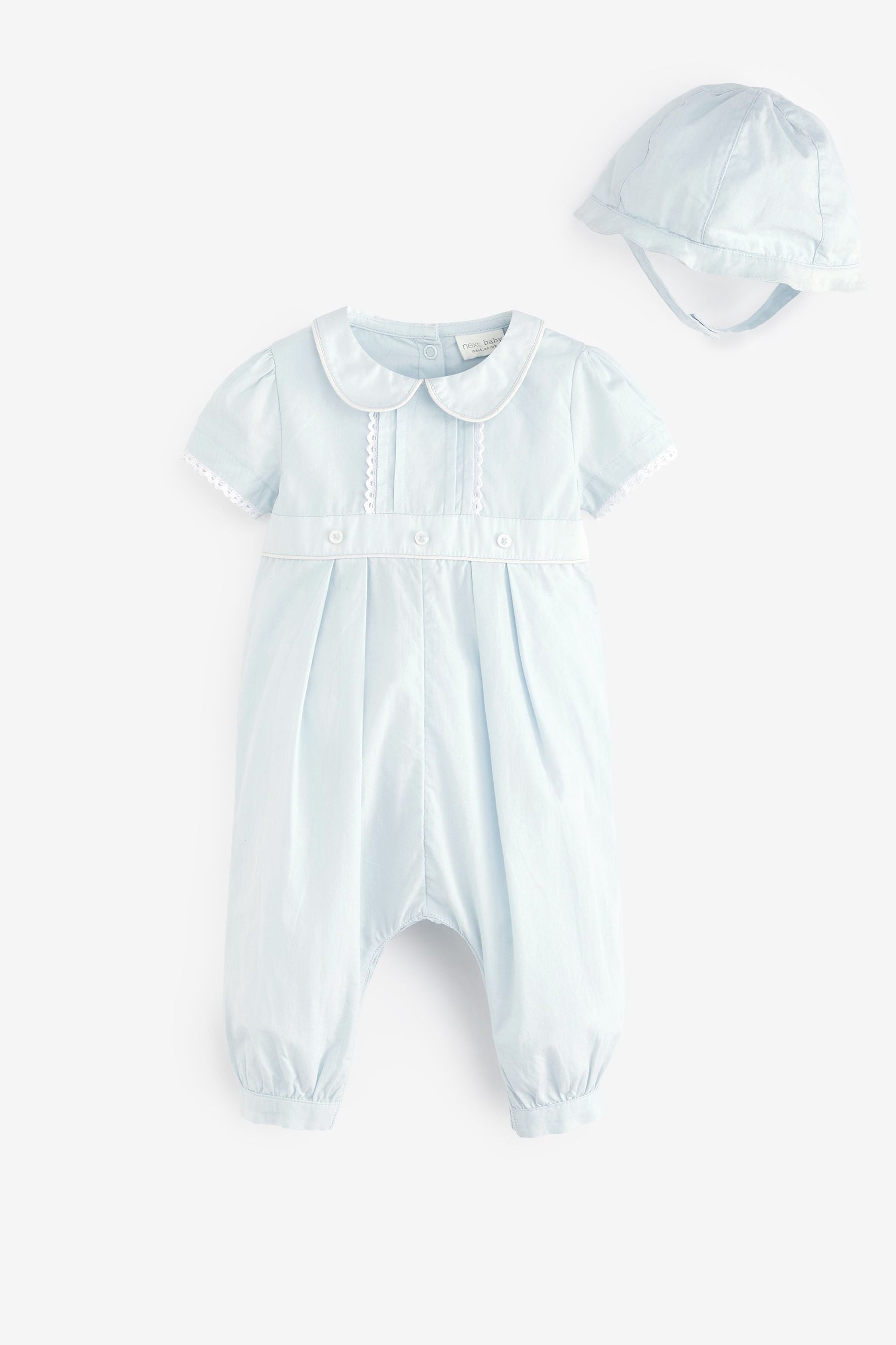 Blue Baby 2 Piece Occasion Romper and Hat Set (0mths-2yrs)