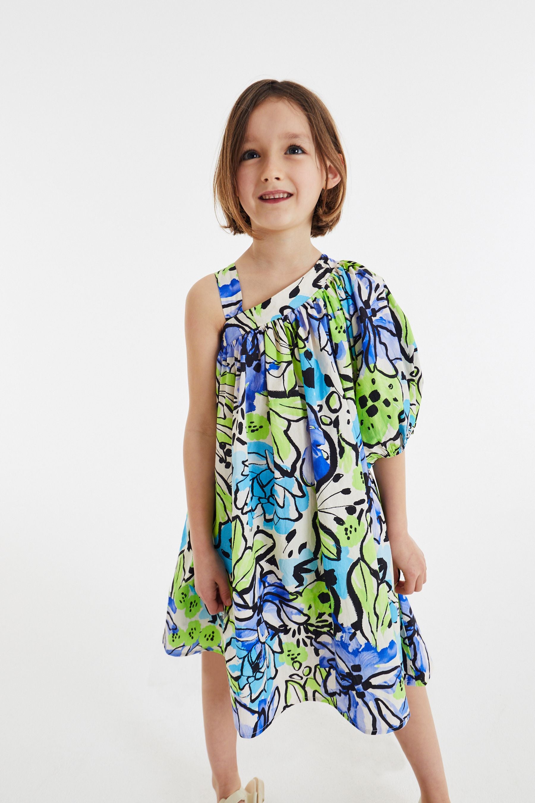 Blue/Green One Shoulder Bright Floral Dress (3-16yrs)