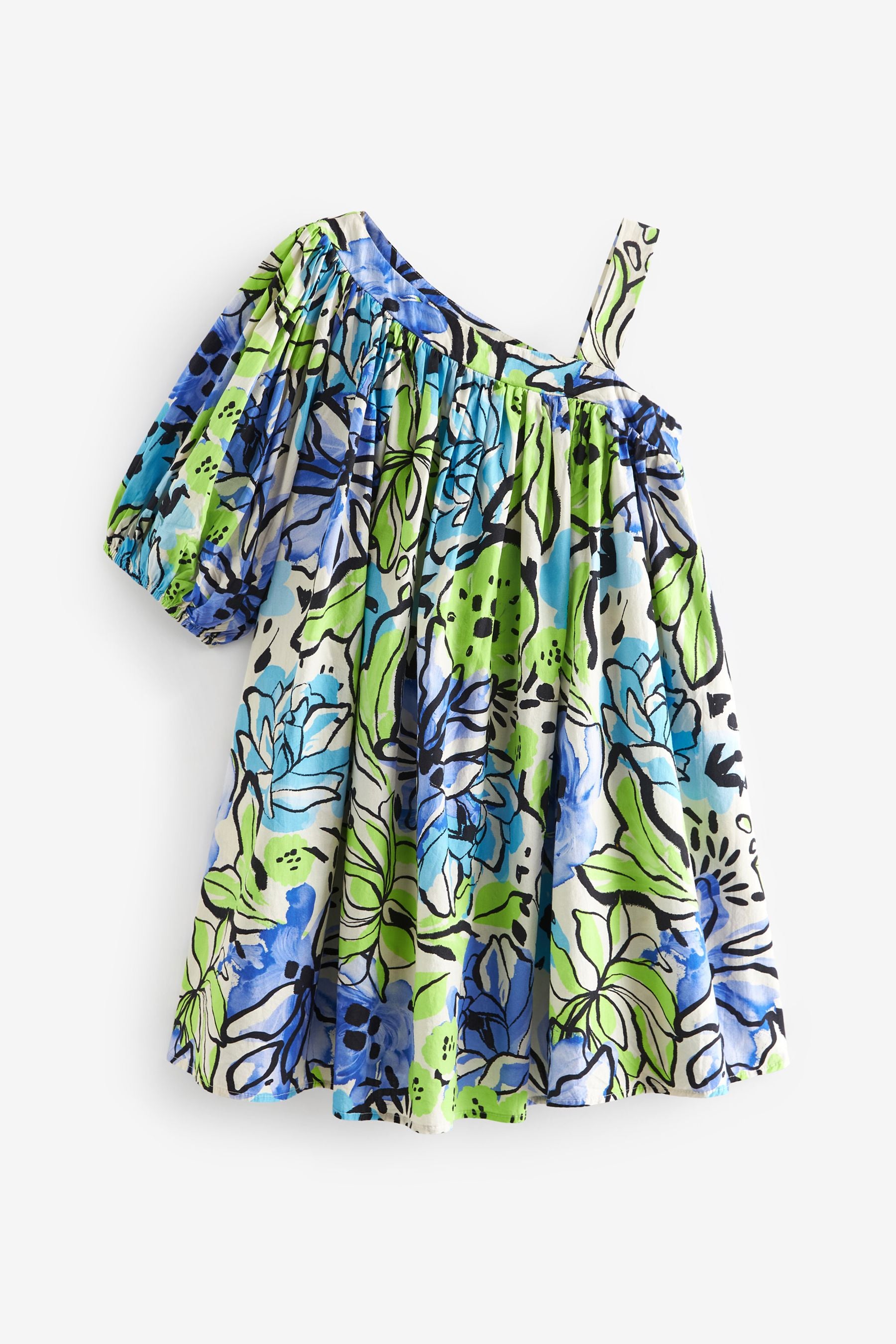 Blue/Green One Shoulder Bright Floral Dress (3-16yrs)