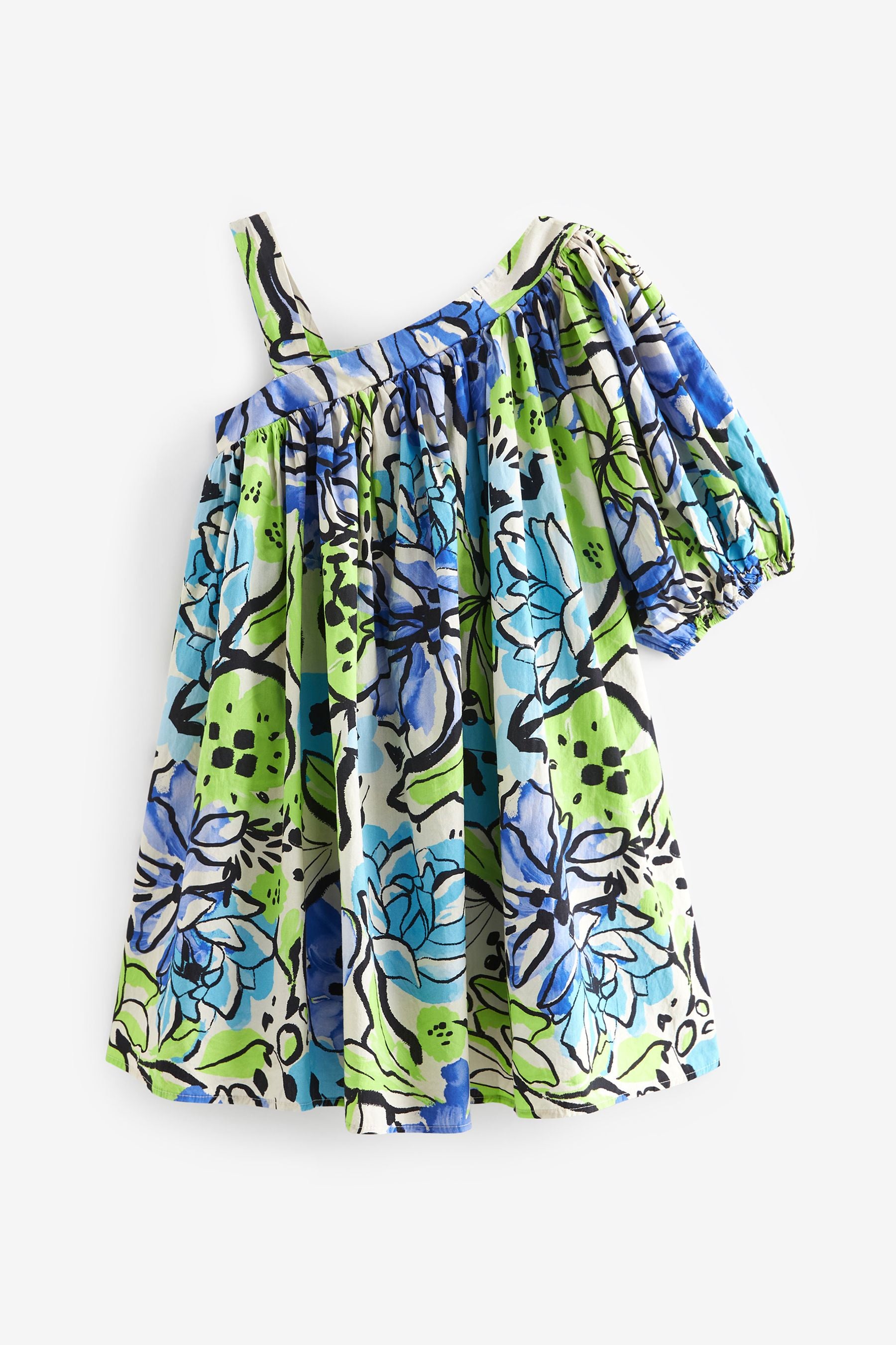 Blue/Green One Shoulder Bright Floral Dress (3-16yrs)