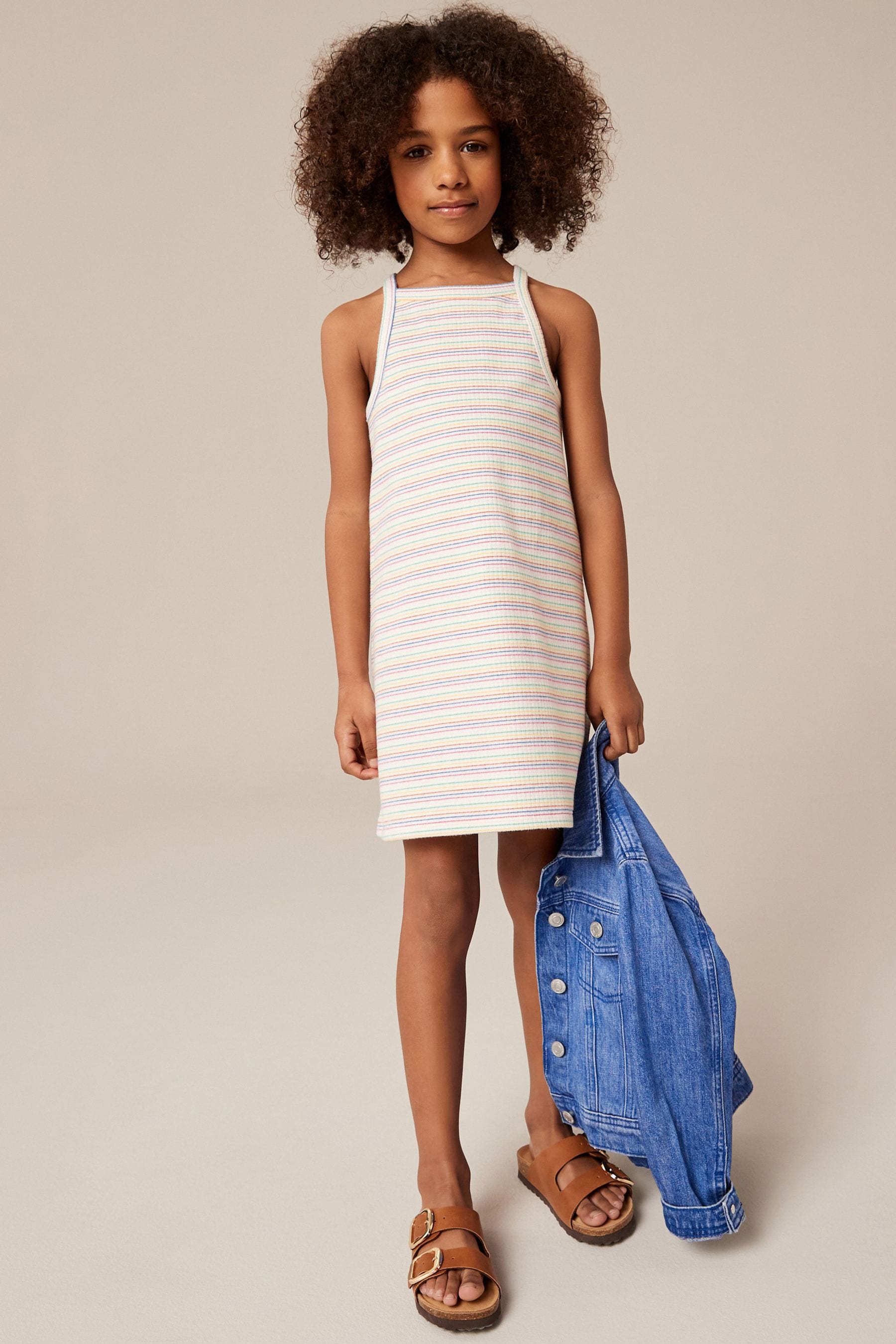 Rainbow Stripe Ribbed Racer Jersey Dress (3-16yrs)