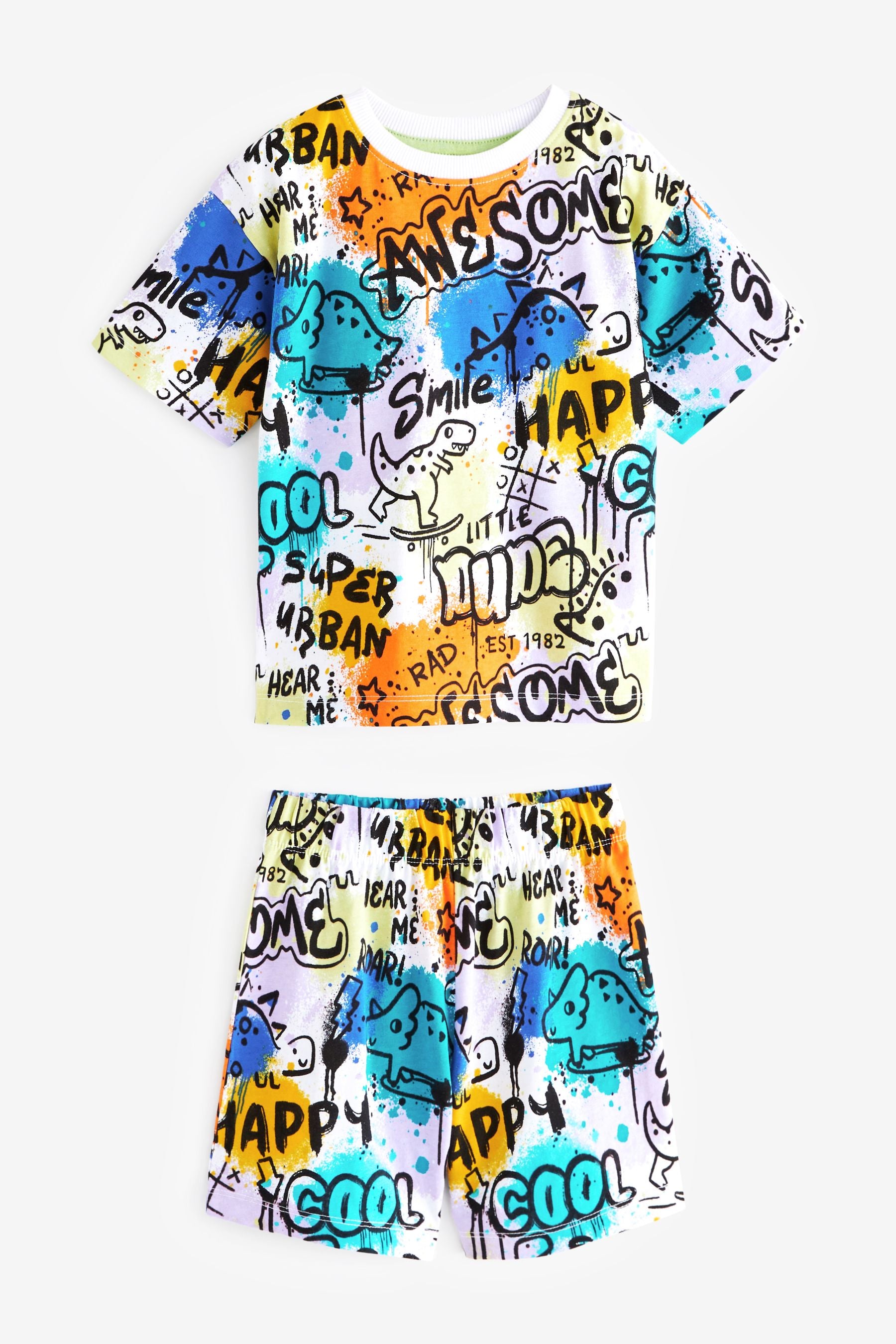 Multi Fluro Dinosaur Graffiti Short Sleeve 3 Pack Pyjama Set (9mths-12yrs)