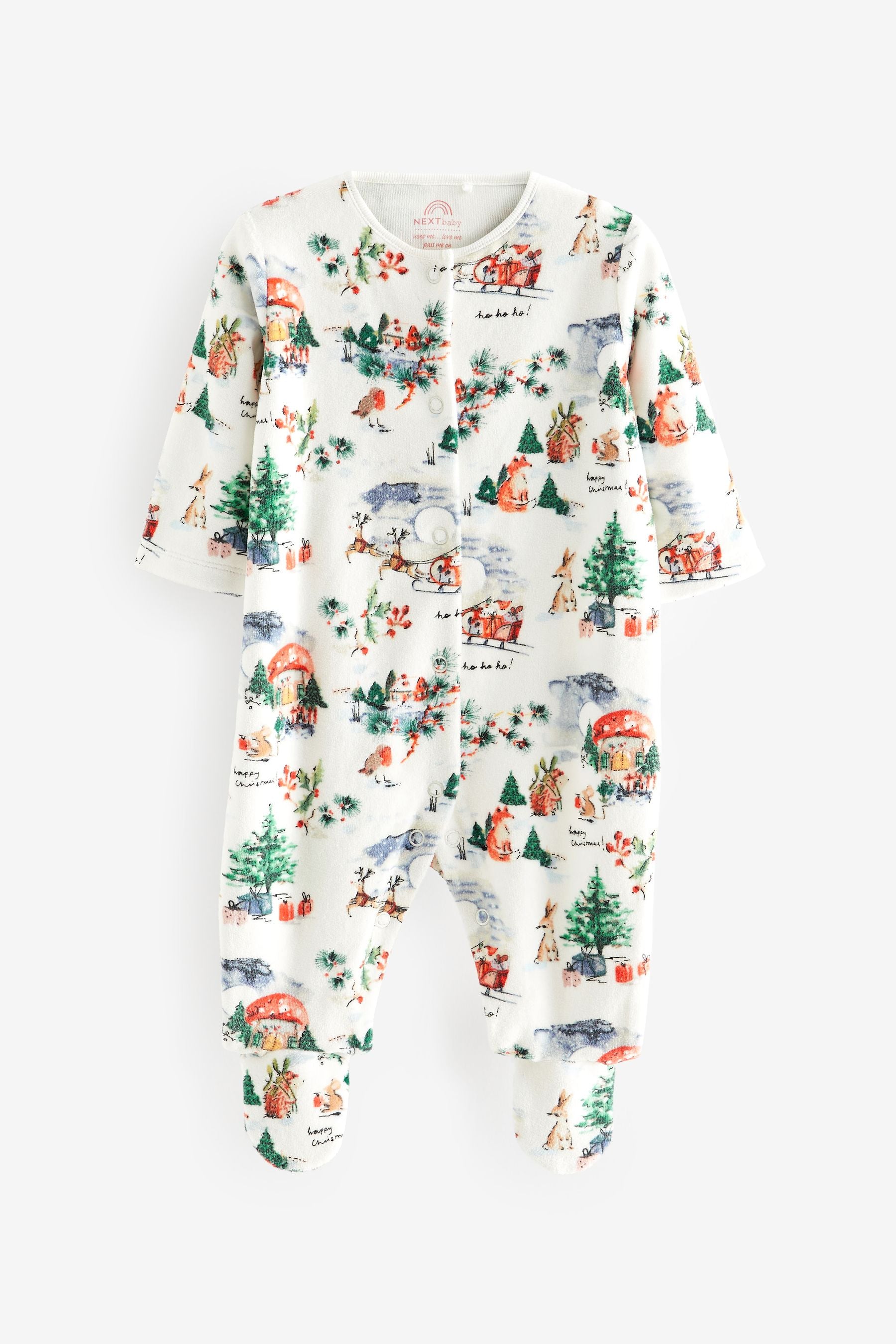 White Ground Christmas Velour Baby Sleepsuit (0mths-2yrs)