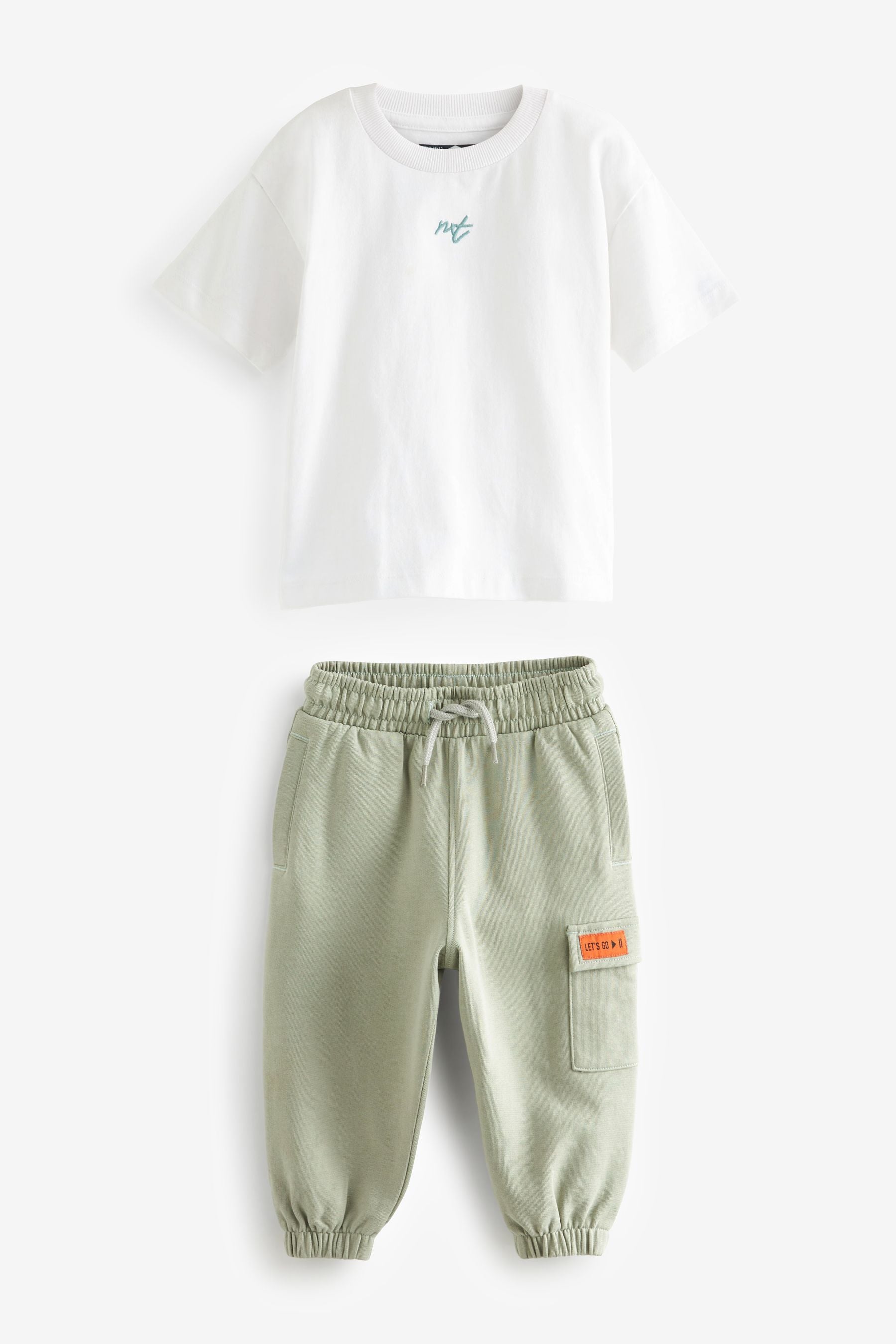 White and Green Short Sleeve T-Shirt and Cargo Jogger Set (3mths-7yrs)