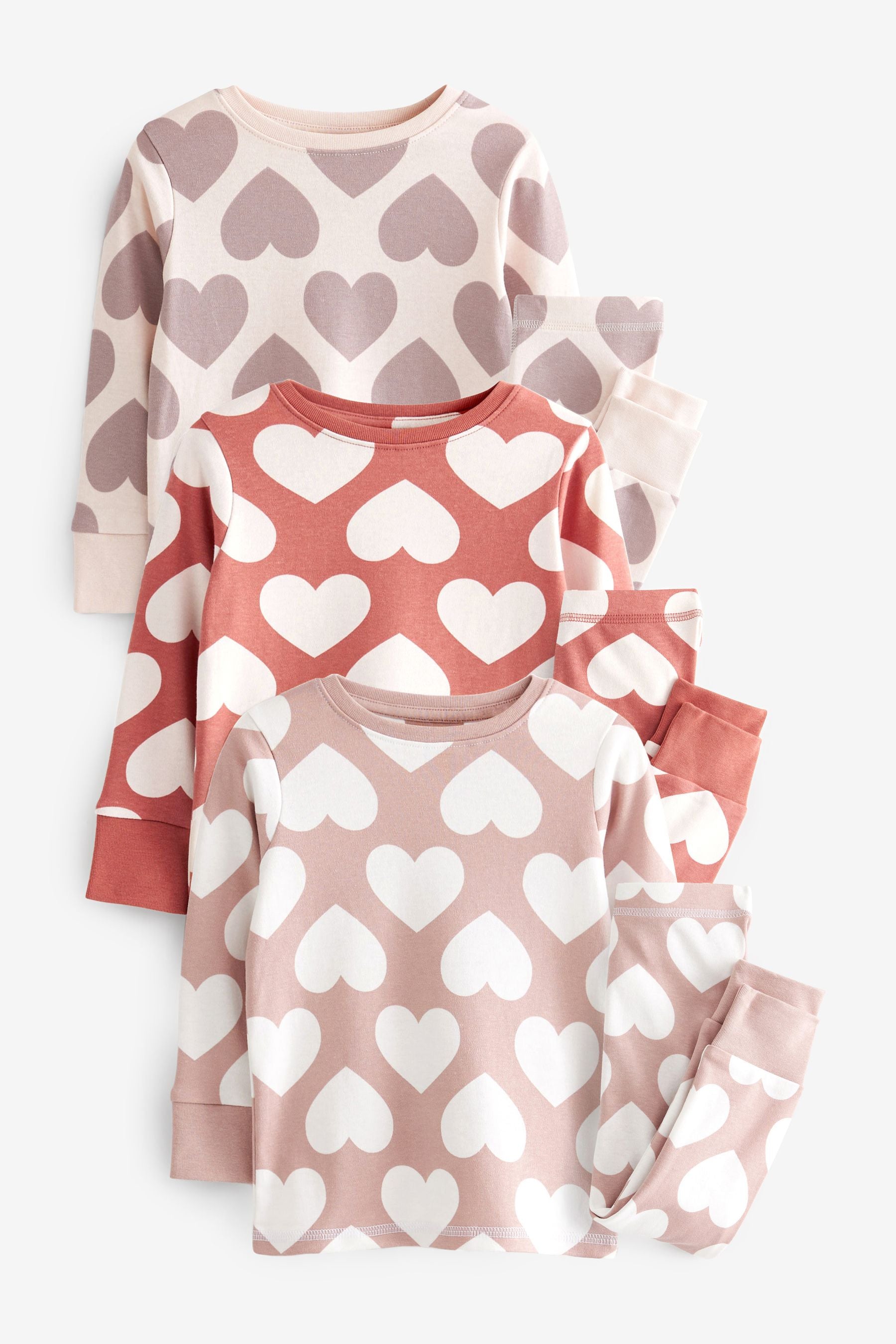 Brown/Cream Heart Pyjamas 3 Pack (9mths-12yrs)