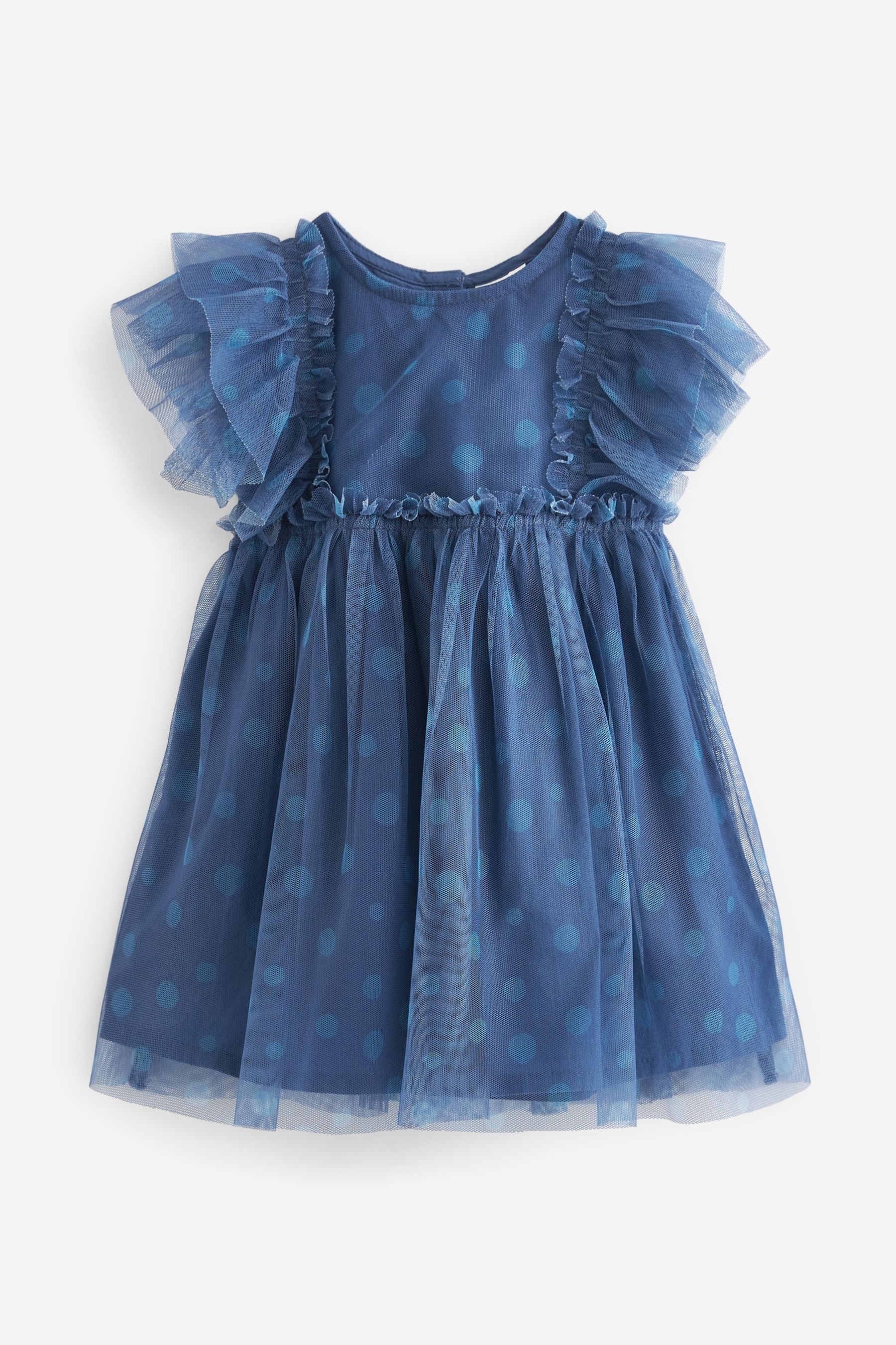 Blue Frill Sleeve Mesh Party Dress