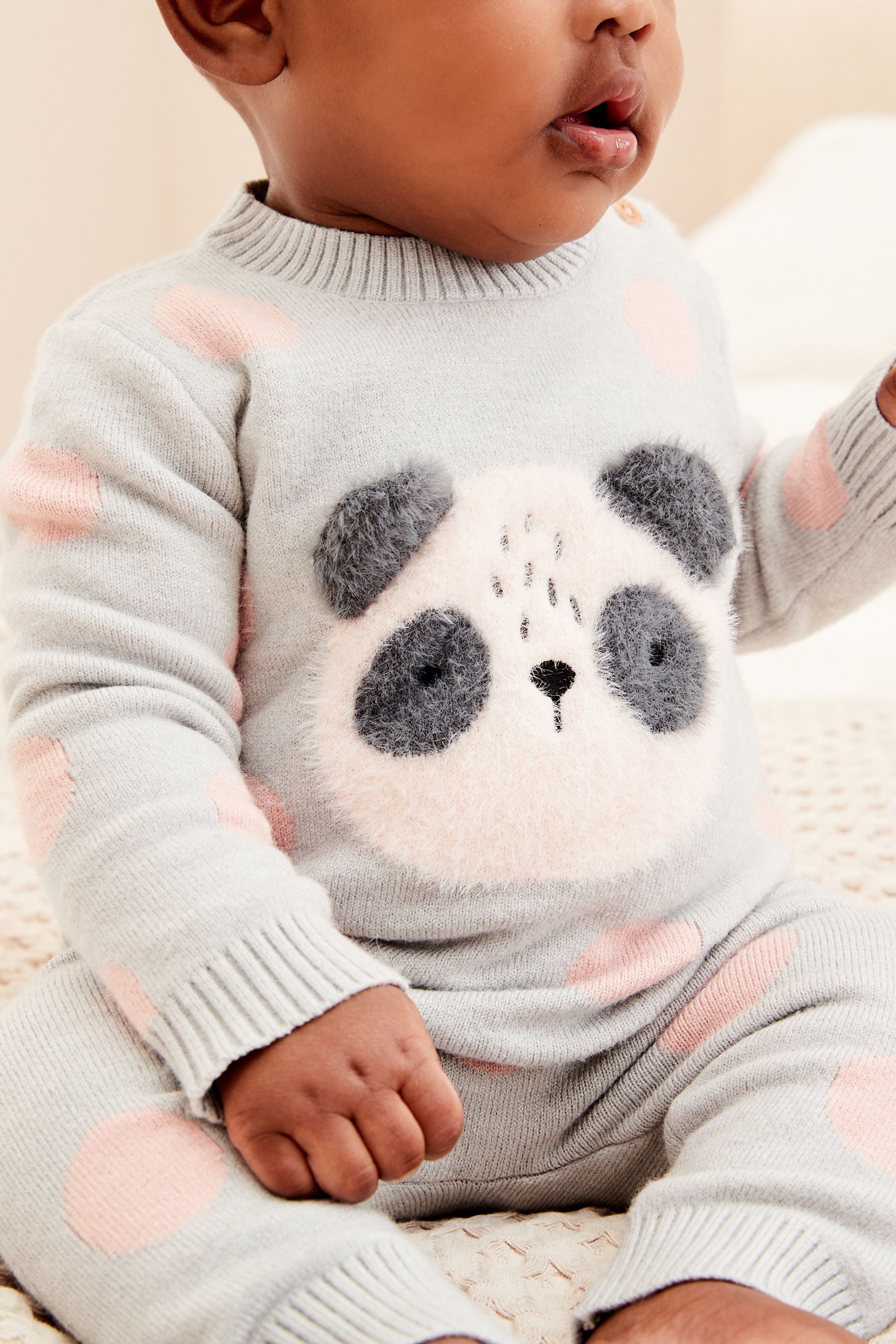 Grey/Pink Panda Knitted Baby 2 Piece Set (0mths-2yrs)