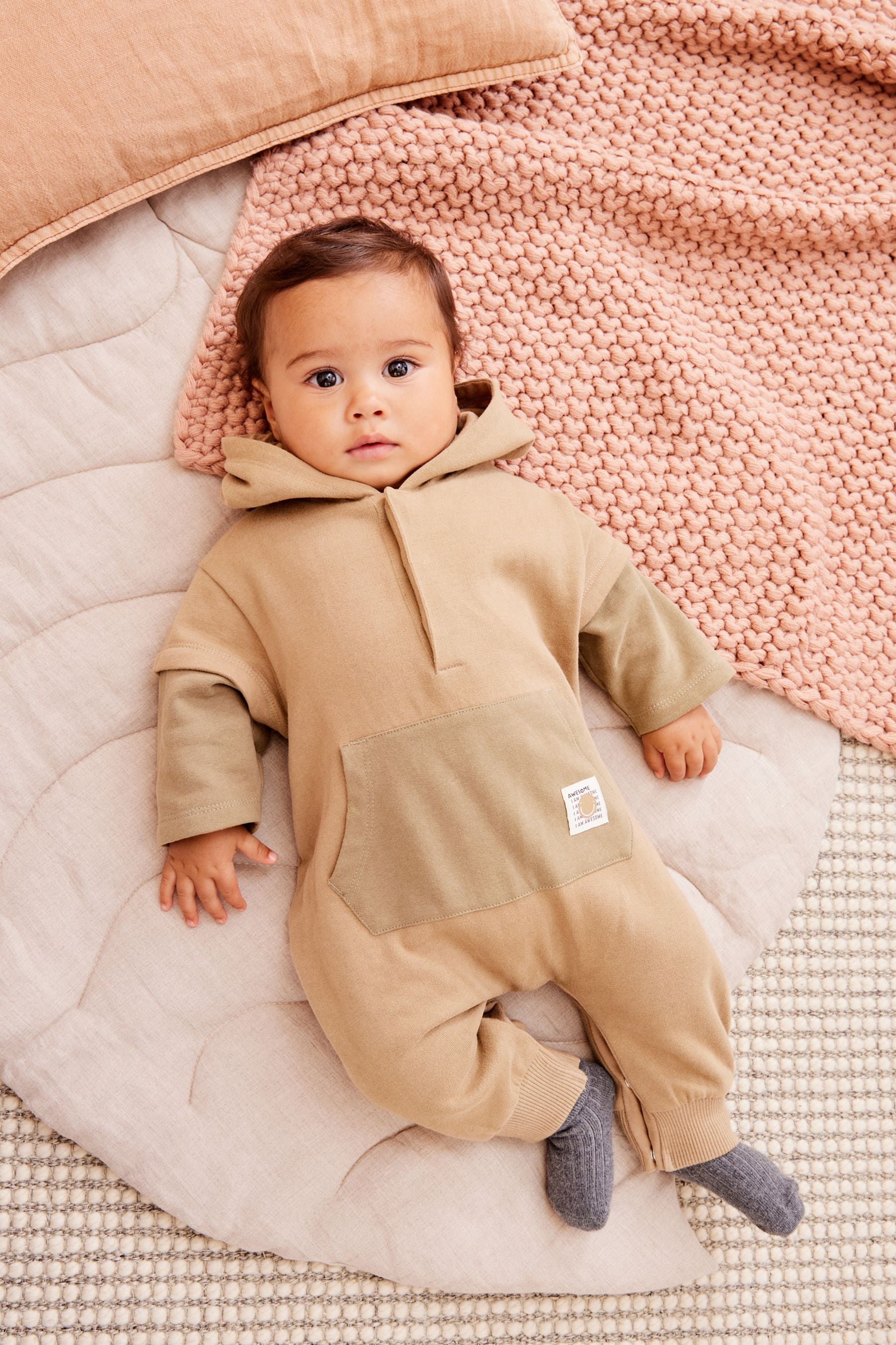 Khaki Green Cosy Sweat Jersey Baby Hooded Romper