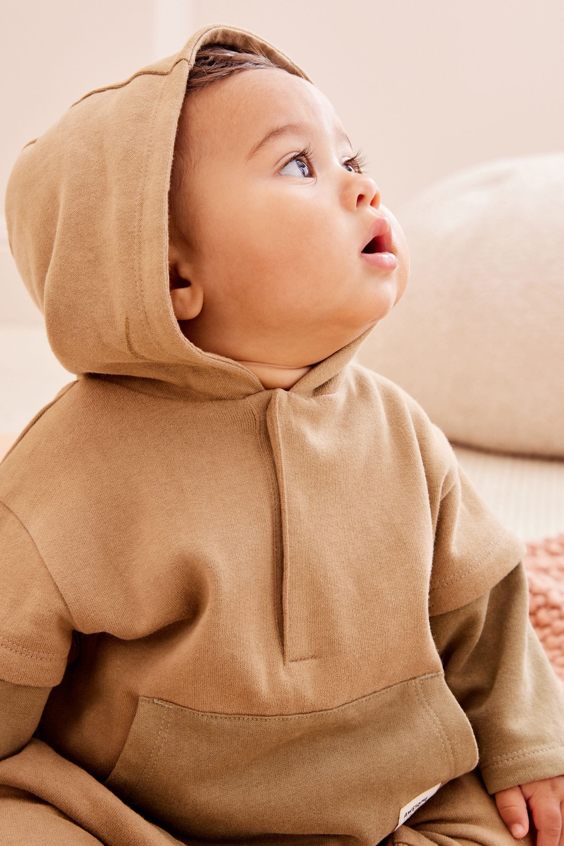 Khaki Green Cosy Sweat Jersey Baby Hooded Romper