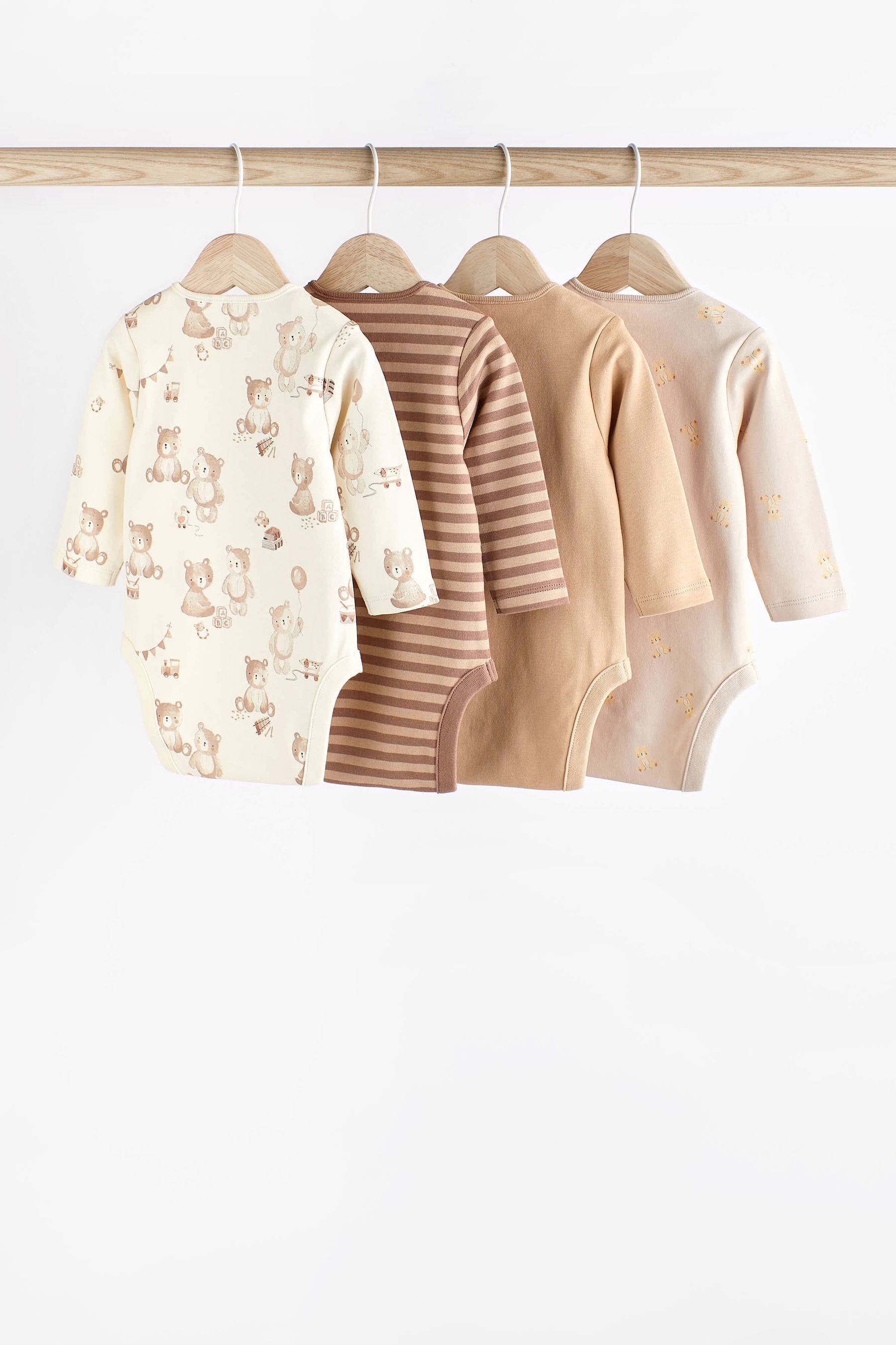 Tan Brown Bear Baby Long Sleeve Bodysuits 4 Pack