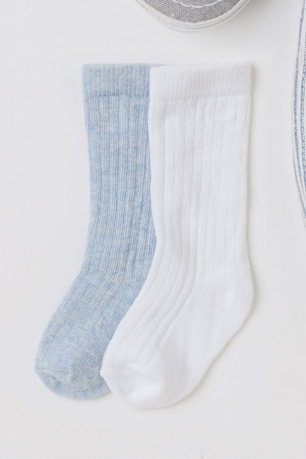 Blue/White Baby 2 Pack Knee Length Socks (0mths-2yrs)