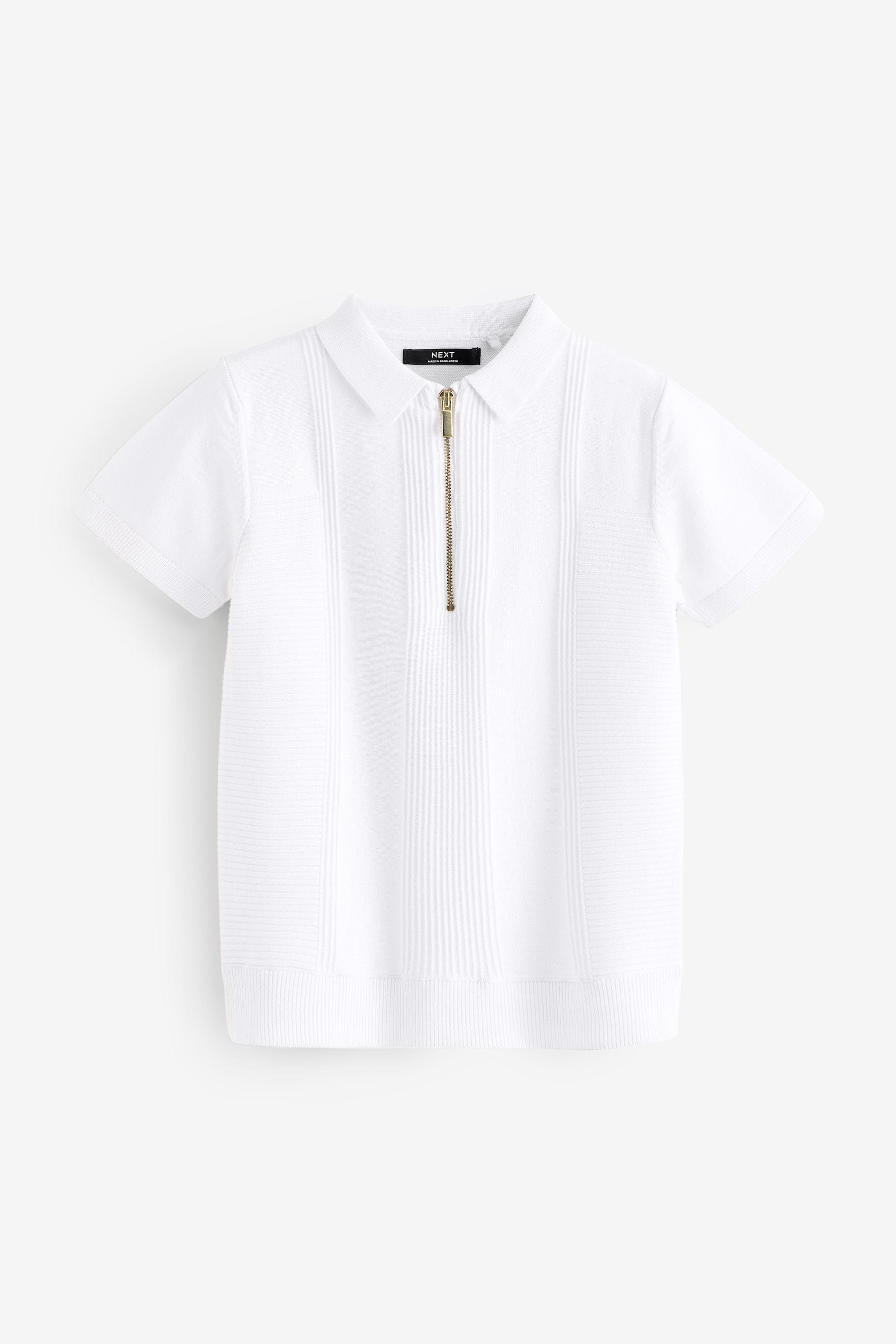 White Short Sleeve Zip Texture Polo Shirt (3-16yrs)