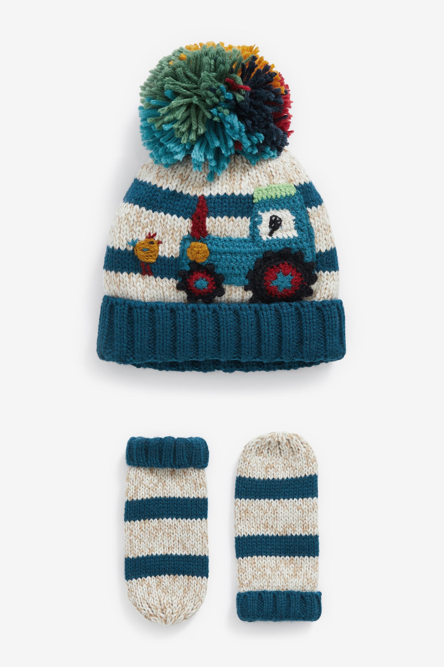 Blue/Ecru Tractor Hat and Mitten Set (3mths-10yrs)