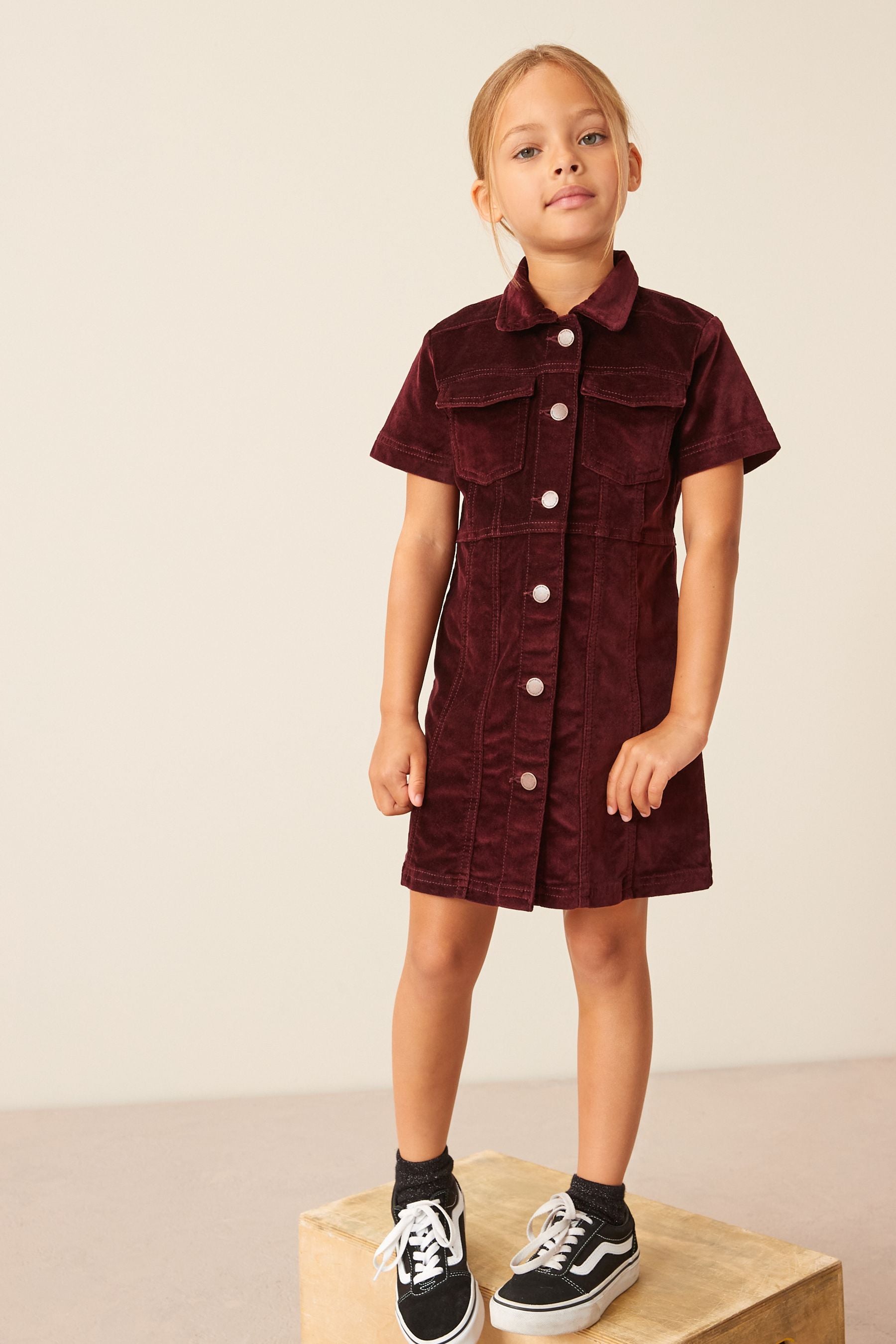 Wine Red Velvet Fitted Denim Dress (3-16yrs)