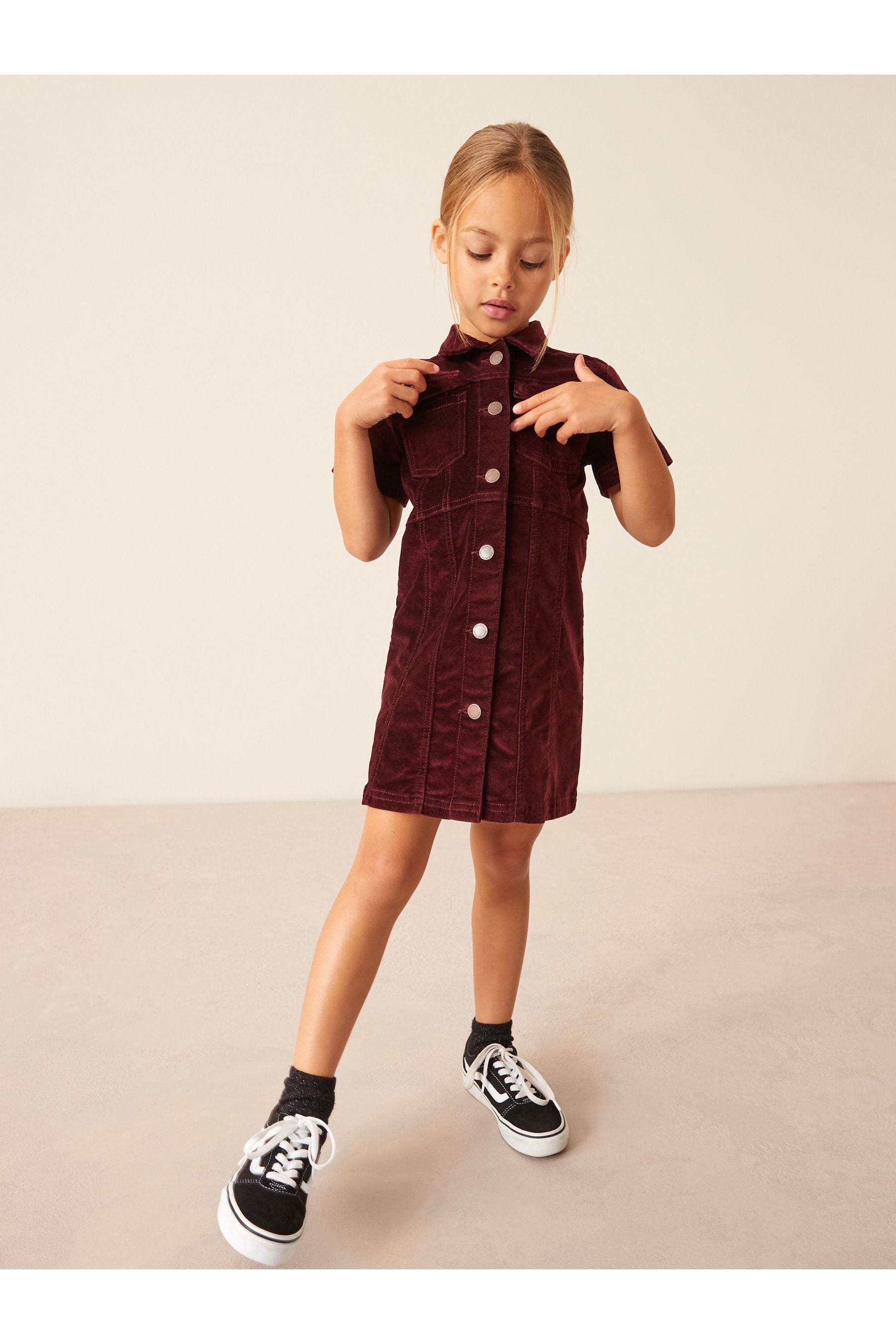 Wine Red Velvet Fitted Denim Dress (3-16yrs)