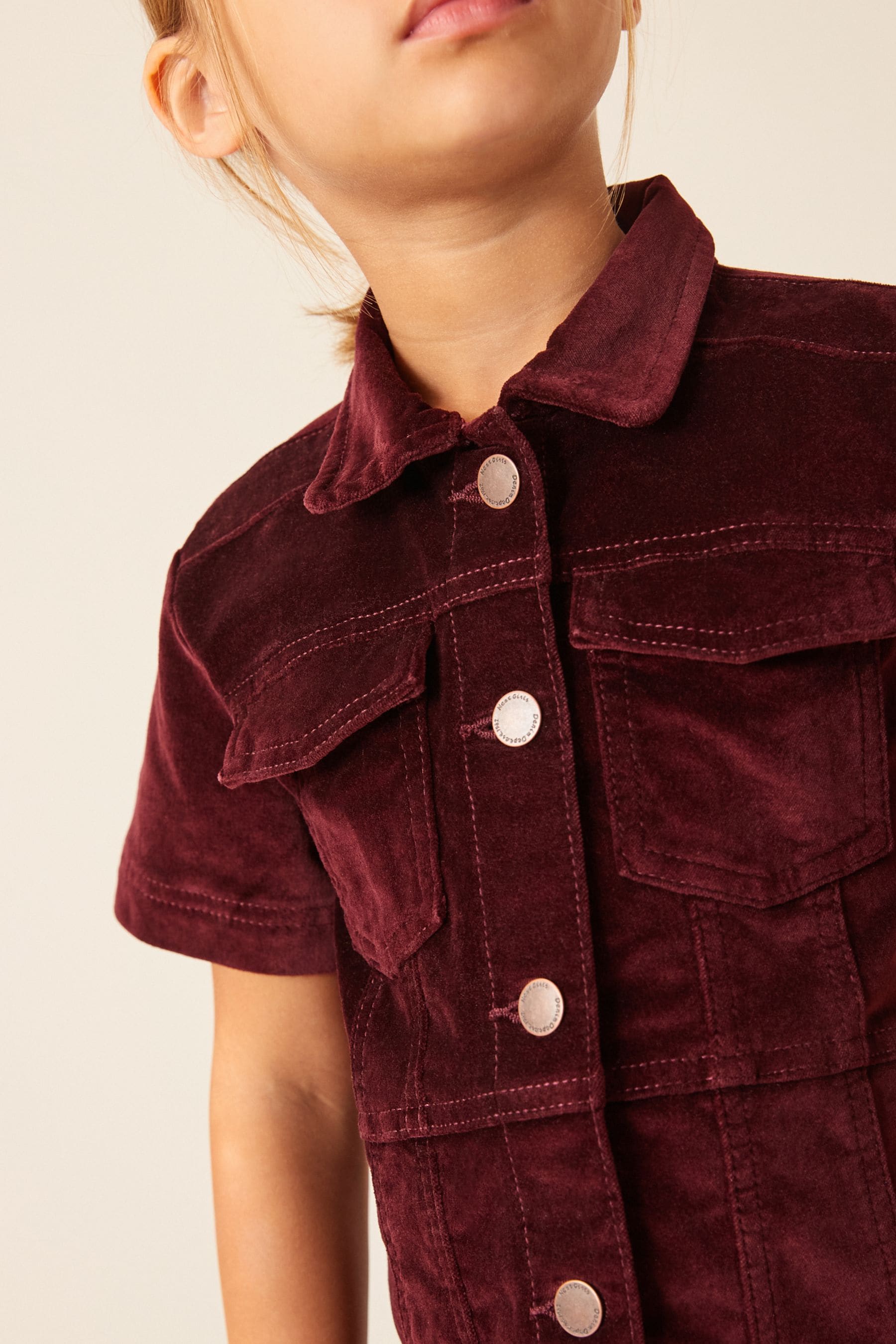 Wine Red Velvet Fitted Denim Dress (3-16yrs)