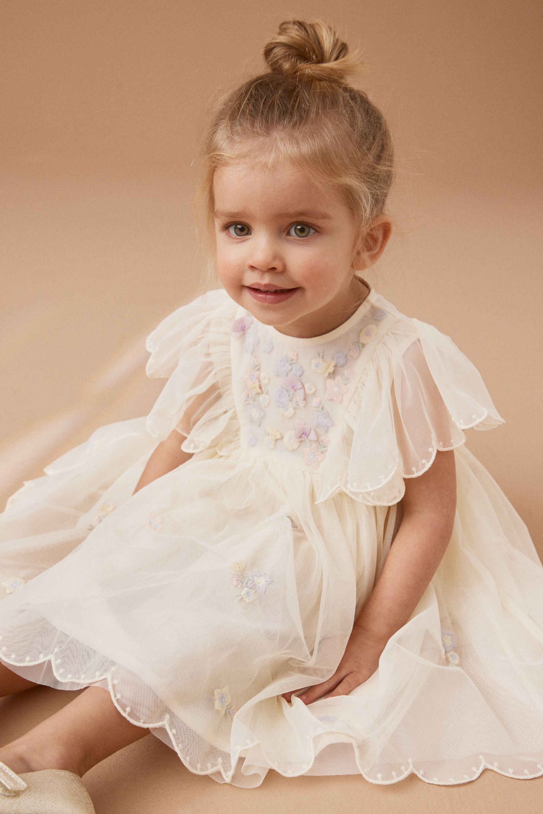 Cream Embroidered Mesh Party Dress (3mths-7yrs)