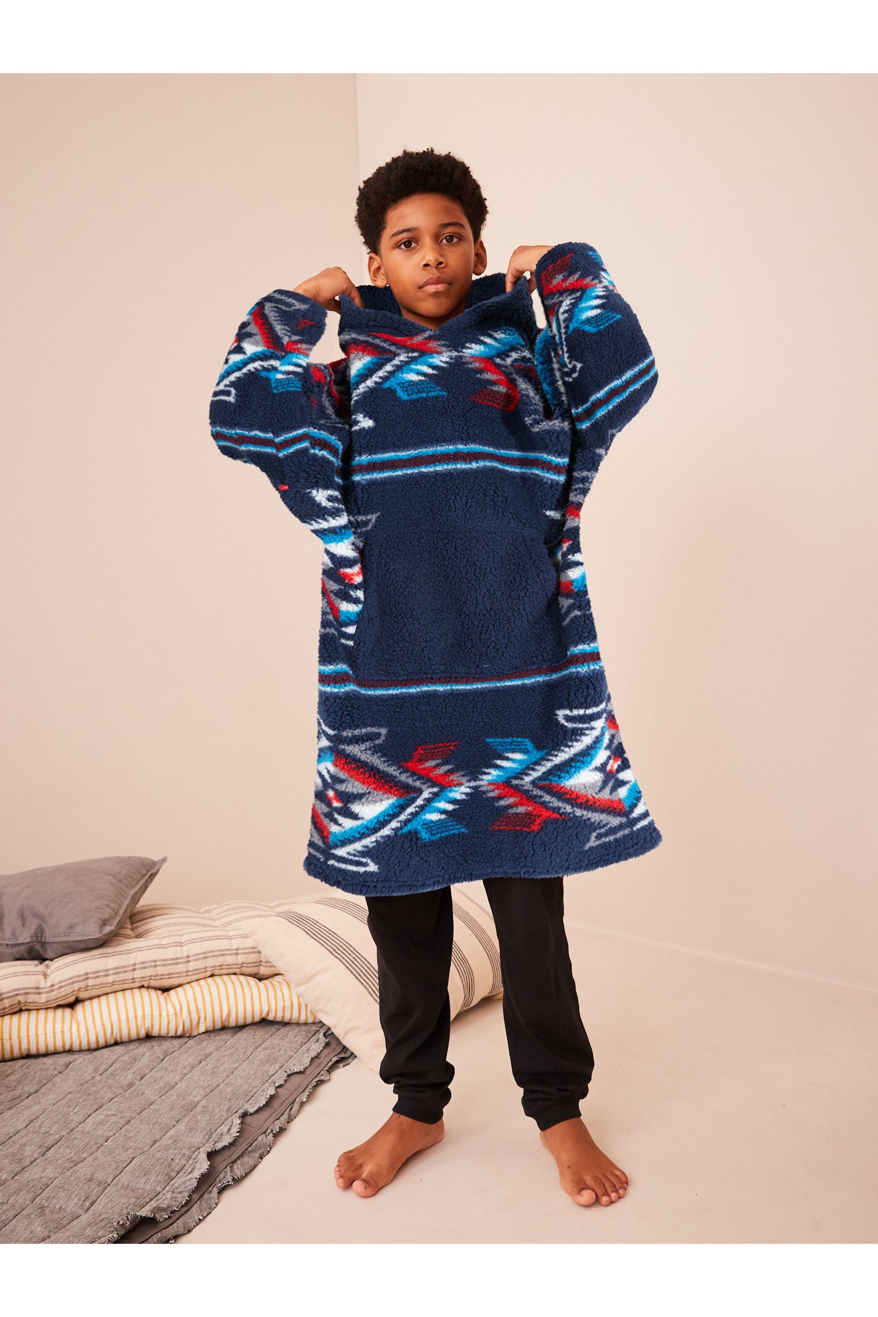 Navy Blue Aztec Print Hooded Blanket (3-16yrs)