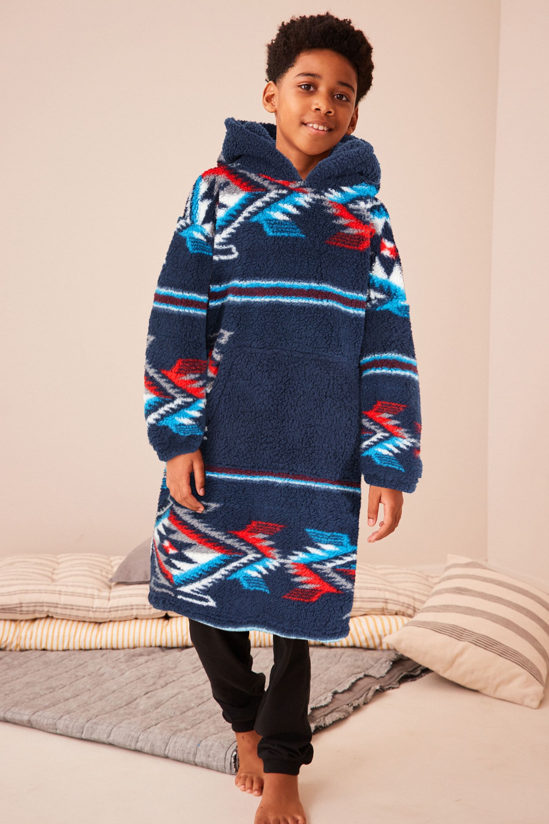 Navy Blue Aztec Print Hooded Blanket (3-16yrs)