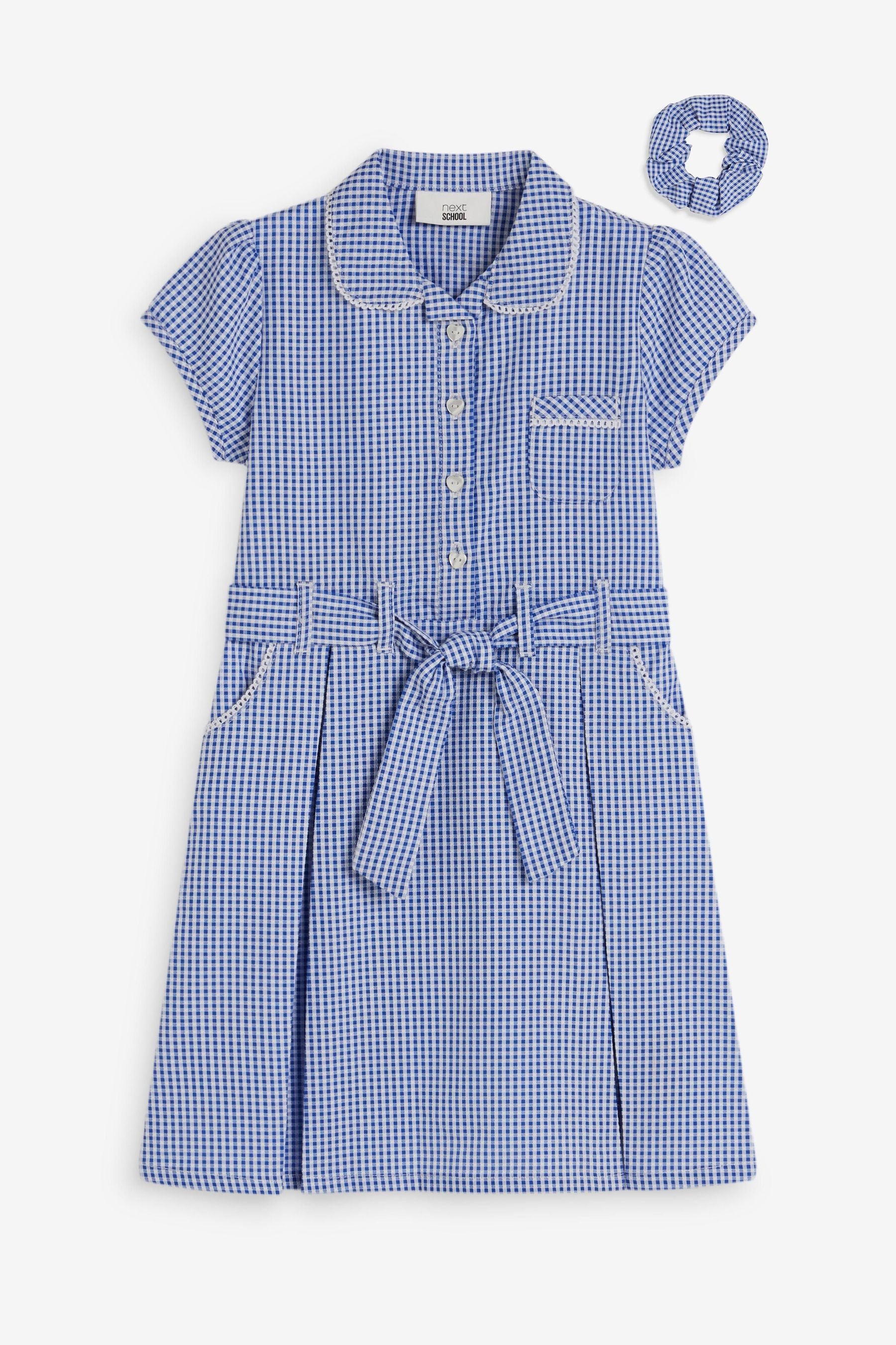 Mid Blue Gingham Cotton Rich Belted School Dress With Scrunchie (3-14yrs)