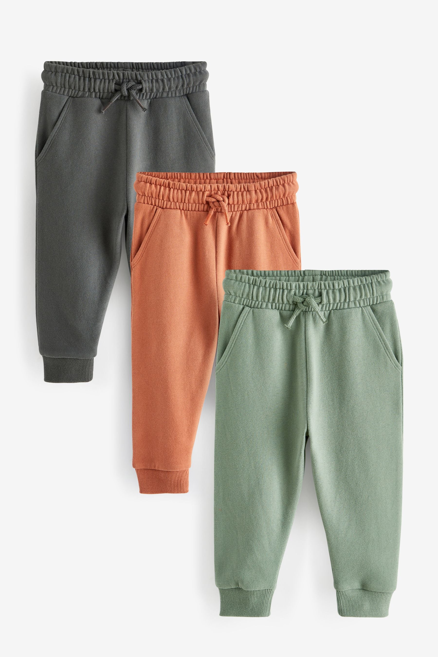 Grey/Rust/Green Soft Touch Joggers 3 Pack (3mths-7yrs)