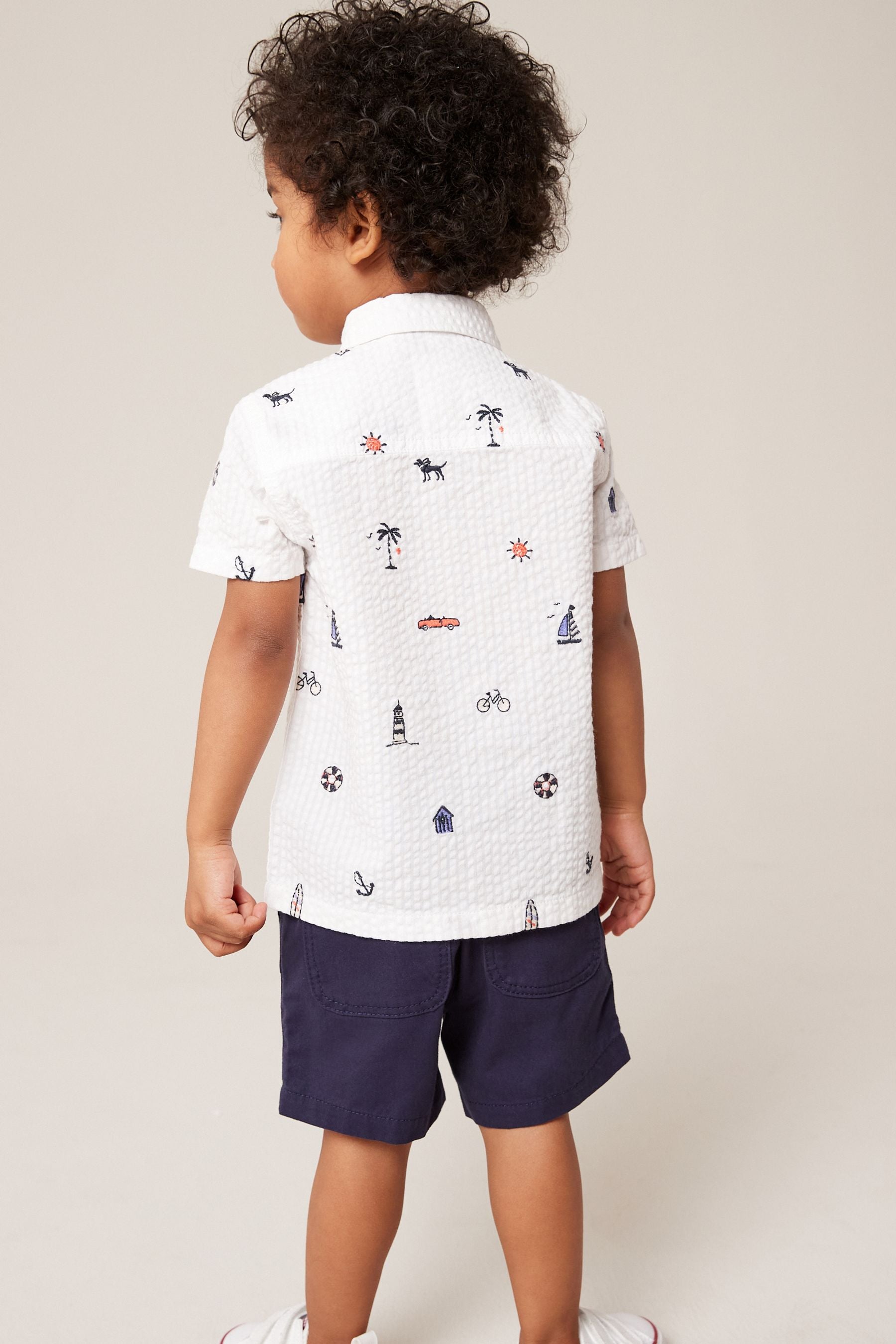 White Short Sleeve All-Over Print Embroidered Shirt (3mths-7yrs)