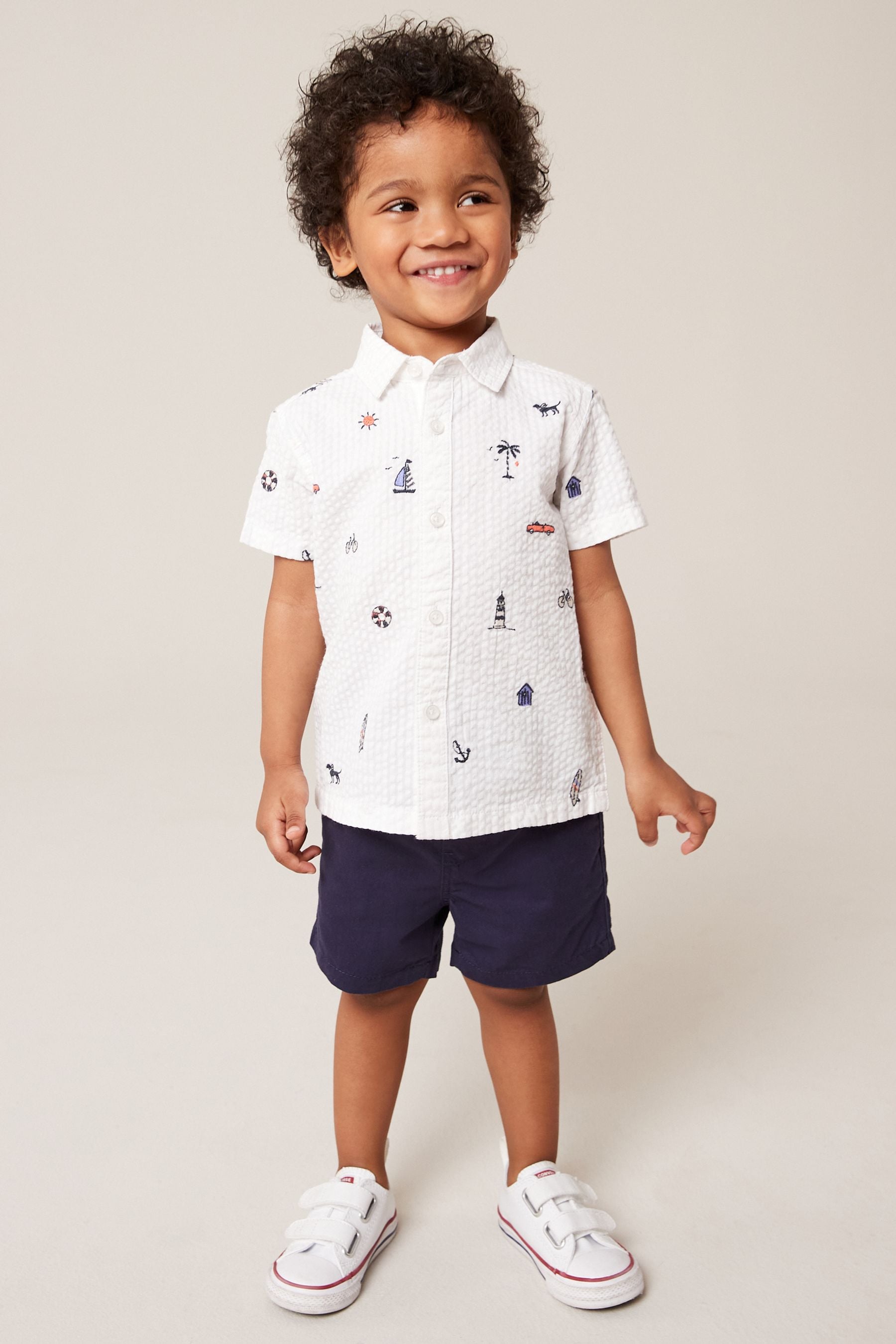 White Short Sleeve All-Over Print Embroidered Shirt (3mths-7yrs)