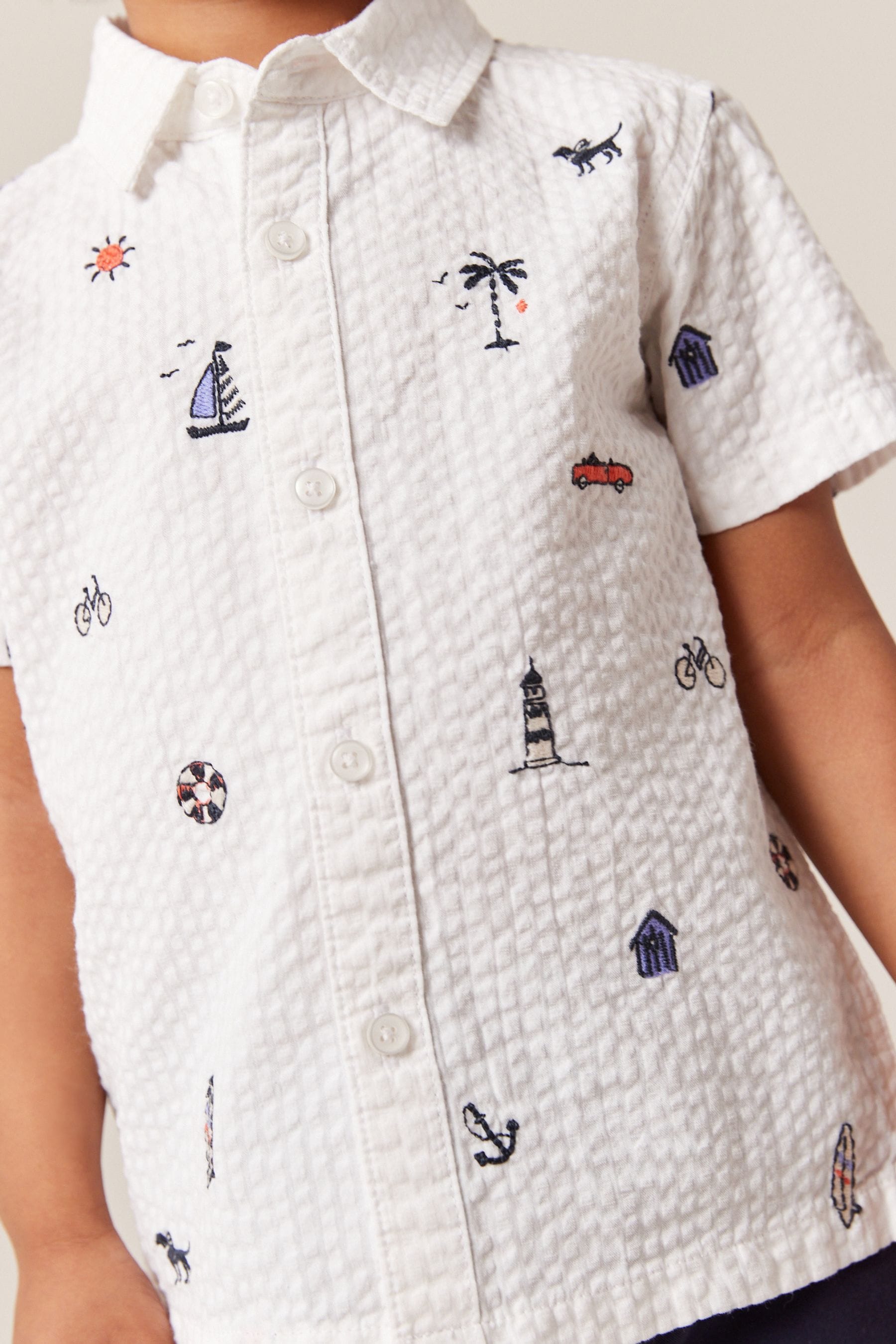 White Short Sleeve All-Over Print Embroidered Shirt (3mths-7yrs)