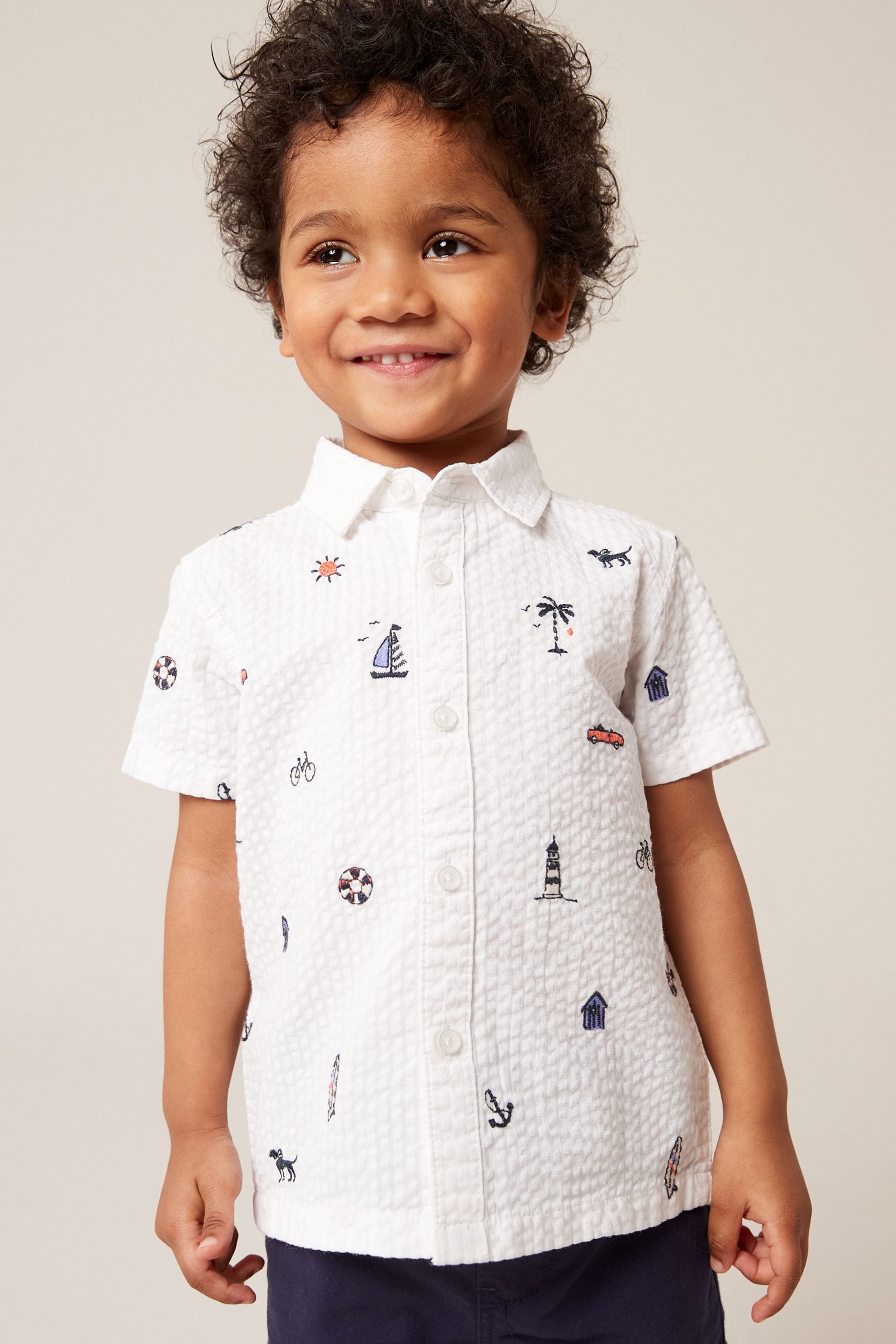 White Short Sleeve All-Over Print Embroidered Shirt (3mths-7yrs)