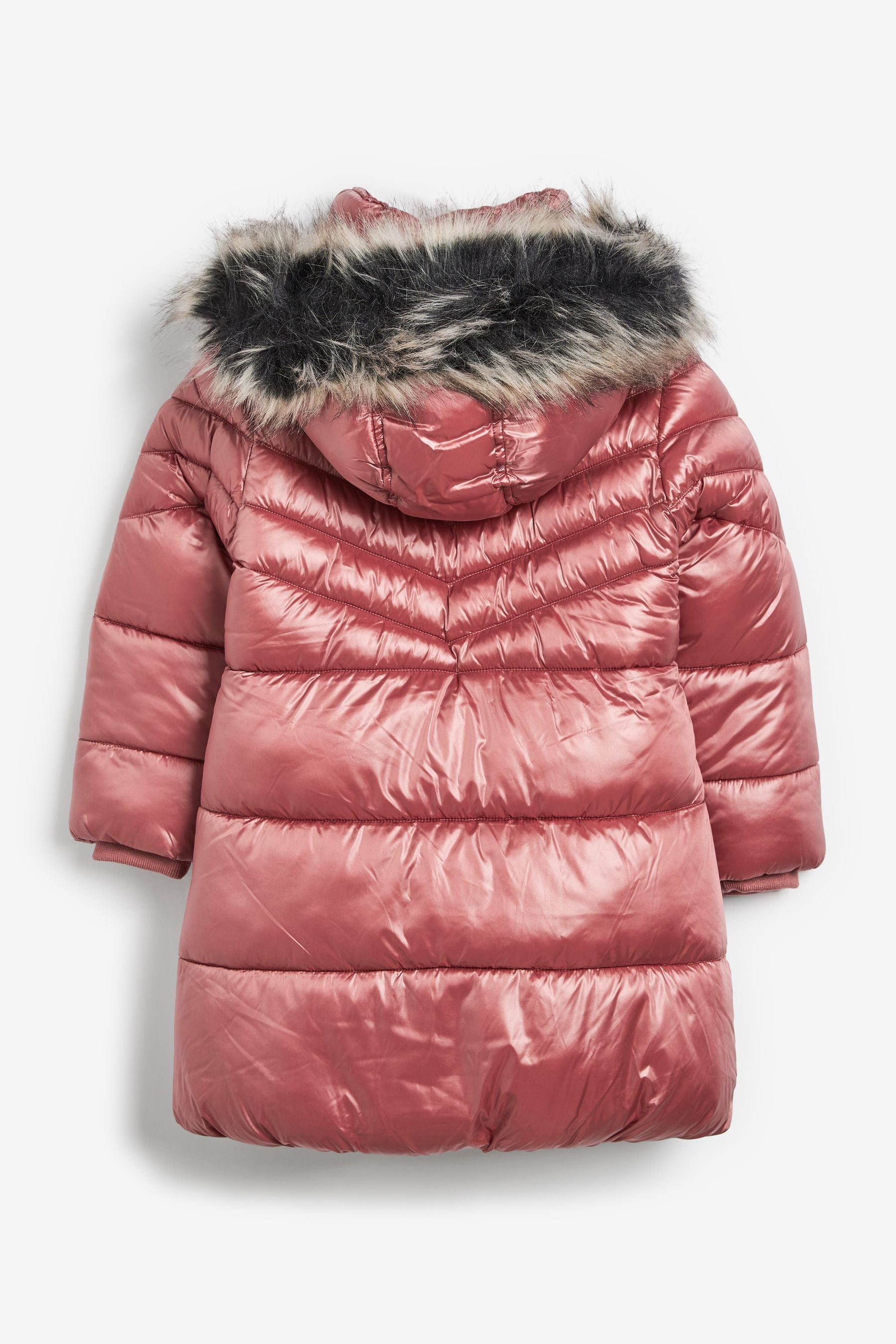 Pink Shower Resistant Faux Fur Trim Long Padded Coat (3-16yrs)